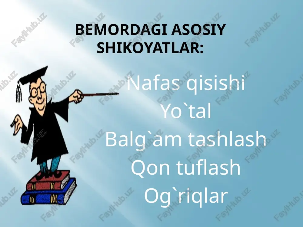 . o’pka to’qimasini zichligi oshganda (zotiljam, o’pka infarkti, kompression atelektaz, o’pka sili va x.k.) yoki o’pkada bo’shliq hosil bo’lib qolganda (kaverna, o’pka abssessi, katta bronxoektazlar va x.k.) tovush dirillashi kuchayadi. odatda o’pkada bo’shliq hosil bo’lganda tovush dirillashi uchun yaxshi sharoit yaratiladi. o’pkadagi bo’shliqlar atrofida reaktiv yallig`lanish yuzaga kelganligi sababli, o’pka to’kimasi zichlashishi natijasida unda tovush dirillashi kuchaygan bo’ladi. tovush dirillashini sustlashishi holsiz bemorlarda tovushning pasayishi hisobiga, tovush boylami shikastlanganda, plevra bo’shligiga havo yoki suyuqlik to’planganda, bronx to’silib qolganda ro’y beradi. ko`krak qafasi elastikligini aniqlash kl tovush dirrilashini aniqlash tekshirish usullari laboratoriya tekshirishlari:balg`amni mikroskopda tekshirish, plevra suyuqligina tekshirish, bakterioskopiya. asbob-uskunalar yordamida tekshirish:rentgenografiya va kompyuter tomografiya endoskopik tekshirish:bronxoskopiya va torakoskopiya bronxit bronxlarning yalliglanishi bilan xarakterlanadigan kasallik – bronxit deb ataladi. kasallik etiologiyasida infeksiya muhim rol o`ynaydi. infeksiya qo`zg`atuvchilari orasida gripp birinchi o`rinda turadi. boshqa mikroblardan pnevmokokklar, streptokokklar, chirituvchi flora alohida o`rin tutadi. qizamiq va ko`k yo`tal kasalliklarida ham bronxit kuzatiladi. bronxitlar o`tkir …