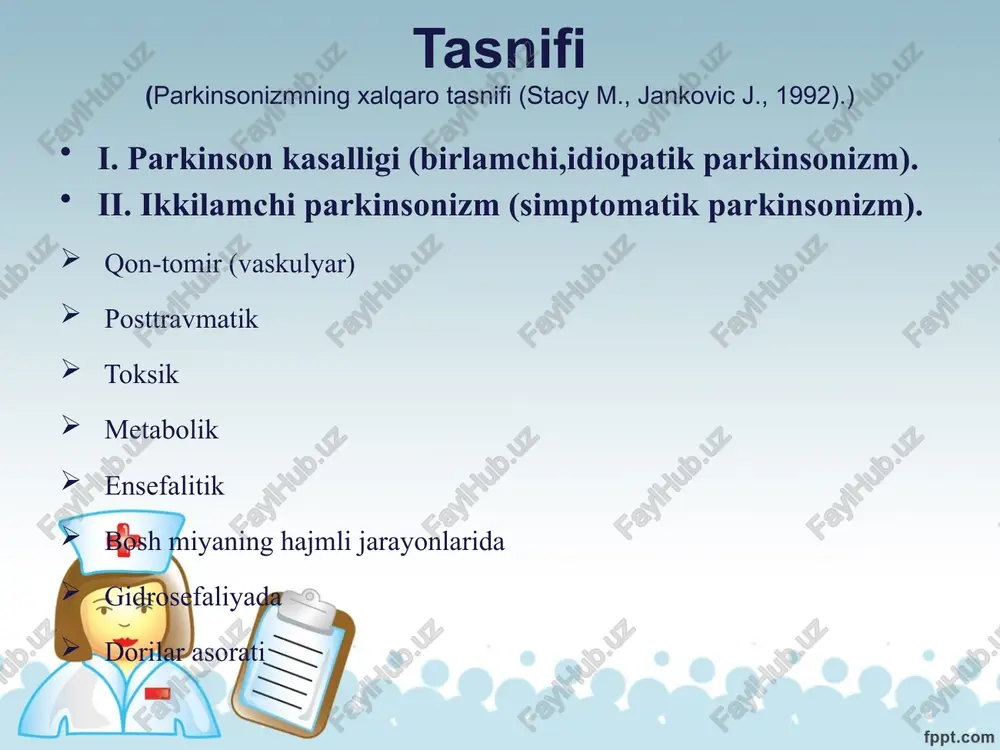 morlar, aksincha, odamovi bo‘lib qolishadi. depressiyaga moyillik ham parkinsonizm uchun juda xos va bu holat, qo‘rquv, xavotir bilan birgalikda namoyon bo‘ladi. parishonxotirlik va xotira buzilishlar deyarli har doim uchraydi va yillar o‘tib kuchaya boradi. keyinchalik demensiya rivojlanadi. tashxis qo‘yish algoritmi parkinsonizm tashxisini qo‘yish ketma-ket ravishda 3 bosqichda olib boriladi. 1-bosqich – parkinsonizm sindromi bor-yo‘qligini aniqlash. 2-bosqich – parkinson kasalligini inkor qiluvchi simptomlarni aniqlash. 3-bosqich – parkinson kasalligini tasdiqlovchi simptomlarni aniqlash. birinchi bosqich tekshirilayotgan bemorda parkinsonizm sindromi bormi yoki yo‘qmi, degan savolga javob izlashdan iborat. buning uchun quyidagi simptomlarni aniqlab olish kerak: 1) gipokineziya; 2) mushaklar rigidligi; 3) tinch holatdagi tremor ikkinchi bosqich parkinson kasalligini inkor qiluvchi simptomlarni aniqlashdan iborat. quyidagi holatlar va belgilar aniqlansa, parkinson kasalligi inkor qilinadi: bemor bir necha bor insult, bosh miya jarohatlari,ensefalit va boshqa serebral kasalliklar o‘tkazgan bo‘lsa; kasallik boshlanishidan oldin neyroleptiklar bilan davolangan bo‘lsa; simptomlarning 3 yil mobaynida faqat bir tomonlama namoyon bo‘lishi; uzoq davom …