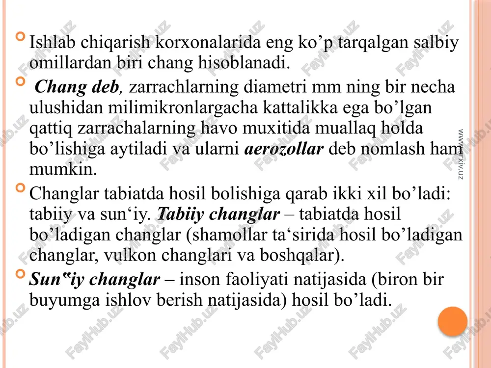 roz, plevrit, yurak-o’pka etishmovchiligining boshlang’ich davri ro’y-rost belgiladilar. o’pka hajmi kengayadi, daqiqalik hajmi ortadi. agar bunga o’pka sili qo’shilsa, soe oshadi, o’pkada silga xos o’zgarishlar kuzatiladi, harorati subfibril darajada turadi, ishtaha pasayadi, bemor ishga uncha yaramay qoladi va hakozo. www.arxiv.uz iii bosqichda.o’pkadagi tugunchalar miqdori va hajmi ko’payadi, kichik tugunchalar bir-biriga qo’shilib, kattaroq tuguncha (o’smaga o’xshash) hosil qiladi. emfizema rivojlanib, deyarli o’pkaning hamma sohasini egallaydi. nafas qisishi kechasi zo’rayadi, bemor qattiq yo’talib, balg’am tashlaydi. uyqusizlik, lablarning ko’karishi kuzatiladi. o’pka sathida emfizema alomati va qattiqlashgan joylar aniqlanadi. bu bosqichda o’pka yuragi (cor pulmonali) rivojlanib, qon aylanishi buzilishi i-iii darajaga etadi. ko’pincha silikozga o’pka sili kasalligining og’ir turi qo’shiladi. nafas qisishi, yo’tal, ko’krak qafasidagi og’riq shu bosqichga xos xususiyatdir. odatda, silikoz traxeya va bronx shilliq pardasining surunkali yallig’lanishi bilan kechadi. changlar orqali yuzaga keladigan nospetsifik kasalliklar: bronxit, traxeit, konyuktivit, teri to’qimalarini yallig’lantirib dermatit, ter va moy bezlari yo’llarini berkitib qo’yib, yiringli teri kasalliklarini …