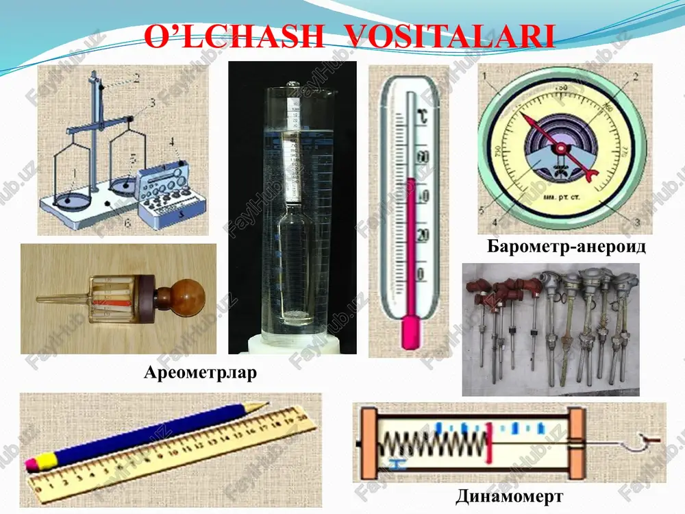 ki qo’shni belgilari orasidagi oraliq shkalaning bo’linmasi deyiladi. shkalaning ikki qo’shni belgisi mos kelgan kattalik qiymatlari ayirmasi shkala bo’linmasining qiymati deyiladi. o’zgarmas bo’linmali va o’zgarmas qiymatli shkala tekis shkala deyiladi. o’lchanayotgan kattalikning sanoq qurilmasi bilan aniqlanadigan hamda o’lchanayotgan kattalik uchun qabul qilingan birliklarda ifodalangan qiymatlari o’lchov asbobining ko’rsatishlari deyiladi. o’lchanayotgan kattalikning shkalada ko’rsatilgani eng kichik qiymati, eng katta qiymati esa shkalaning oxirgi qiymati deyiladi. shkalaning uning boshlang’ich va oxirgi qiymatlari bilan chegaralangan qiymatlari oralig’i ko’rsatuv diapozoni deyiladi. o’lchanayotgan kattalikning o’lchov vositalari uchun yo’l qo’yiladigan xatoliklar normalangan qiymatlari sohasi o’lchov asbobi o’lchov diapazoni deyiladi. texnik asboblarda, odatda, o’lchov diapazoni bilan ko’rsatuvlar diapazoni mos keladi. o’lchov diapazonining eng kichik va eng katta qiymatlari o’lchov chegaralari deyiladi. o’lchash vositalarining ishlash prinsipi fizik kattaliklarni o'lchash qurilmalariga o'lcham va o'lchov asboblari kiradi. o'lchash birliklarini aniq ifodalashga mo'ljallangan fizik jism, modda yoki qurilmaga o'lcham deb ataladi (masalan, tarozi toshlari, o'lchov kolbalari, kalibrlar, o'lchov lineykalari, namunaviy qarshiliklari). …