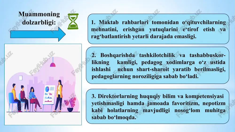 xshi natijaga erishgan o‘qituvchilarni jamoa orasida mehnatini e’tirof etib, rag‘batlantirishni yo‘lga qo‘yish. direktor, mmibdo‘, o‘ibdo‘, kasaba uyshmasi raisi. har oyning oxirgi 10 kunligida. o‘quv yili davomida o‘qituvchilar mehnati qadrlanayot-ganini his qilishadi. o‘z ustida ko‘proq ishlab, yanada yuqoriroq natija ko‘rsatishga intiladi va kasbiga mehr qo‘yadi. bu holat ta’lim sifatini ko‘tarilishiga xizmat qiladi. taklif va tavsiyalar, chora-tadbirlar t/r muammo muommoning yechimini amalga oshirish mas‘ullar muddati natija 3 direktor, direktor o‘rinbosarlari hamda pedagog xodimlar o‘rtasida hamkorlik va o‘zaro qo‘llab-quvvatlanishning yo‘qligi. intellektual o‘yinlar va turli musobaqalar uyushtirish hamda xodimlar bilan bir safda ishtirok etish, jamoaviy sayohatlar tashkil qilish va ularni qo‘llab-quvvatlash. direktor, mmibdo‘, kasaba uyshmasi raisi. har chorakda jamoada o‘zaro yaqinlik, bir-birini qo‘llab-quvvatlash va jamoaviy harakat qilish ko‘nikmasi shakllanadi hamda ijobiy sog‘lom muhit paydo bo‘ladi. 4 anonim so‘rovnomalar o‘tkazish yo‘li bilan jamoaning psixologik muhiti aniqlanib, o‘z vaqtida chora-tadbirlar amalga oshirilmaganligi. so‘rovnomalar o‘tkazish, jamoaning psixologik muhitini o‘rganib, ular bilan har-xil jamoaviy ishlashga mo‘ljallangan psixologik treninglar …