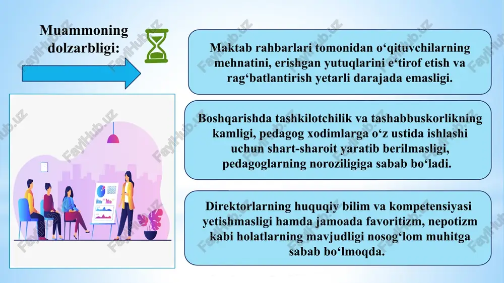 a bir kun xodimlar bilan samimiy ochiq muloqot uchrashuvini tashkil qilish, yaxshi natijaga erishgan o‘qituvchilarni jamoa orasida mehnatini e’tirof etib, rag‘batlantirishni yo‘lga qo‘yish. direktor, mmibdo‘, o‘ibdo‘, kasaba uyshmasi raisi. har oyning oxirgi 10 kunligida. o‘quv yili davomida o‘qituvchilar mehnati qadrlanayot-ganini his qilishadi. o‘z ustida ko‘proq ishlab, yanada yuqoriroq natija ko‘rsatishga intiladi va kasbiga mehr qo‘yadi. bu holat ta’lim sifatini ko‘tarilishiga xizmat qiladi. taklif va tavsiyalar, chora-tadbirlar t/r muammo muommoning yechimini amalga oshirish mas‘ullar muddati natija 3 direktor, direktor o‘rinbosarlari hamda pedagog xodimlar o‘rtasida hamkorlik va o‘zaro qo‘llab-quvvatlanishning yo‘qligi. intellektual o‘yinlar va turli musobaqalar uyushtirish hamda xodimlar bilan bir safda ishtirok etish, jamoaviy sayohatlar tashkil qilish va ularni qo‘llab-quvvatlash. direktor, mmibdo‘, kasaba uyshmasi raisi. har chorakda jamoada o‘zaro yaqinlik, bir-birini qo‘llab-quvvatlash va jamoaviy harakat qilish ko‘nikmasi shakllanadi hamda ijobiy sog‘lom muhit paydo bo‘ladi. 4 anonim so‘rovnomalar o‘tkazish yo‘li bilan jamoaning psixologik muhiti aniqlanib, o‘z vaqtida chora-tadbirlar amalga oshirilmaganligi. so‘rovnomalar o‘tkazish, jamoaning …