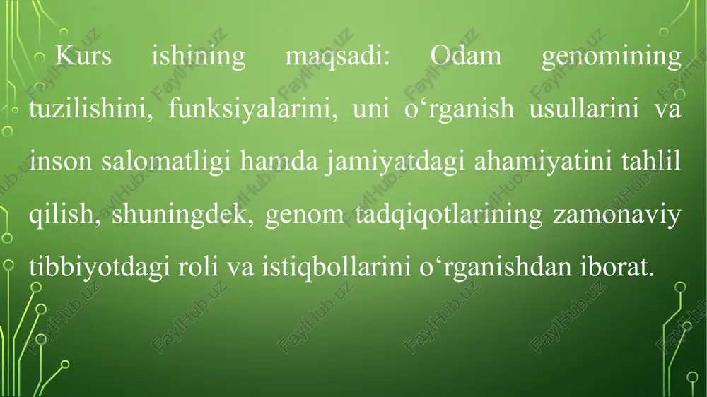 ida hal qiluvchi rol o‘ynaydi. dnkda genetik axborot saqlanishi, shuningdek, mutatsiyalar va genetik o‘zgarishlar orqali nasl avlodga o‘tadi. dnk molekulasining asosiy vazifasi — genetik axborotni saqlashdir. bu saqlash jarayoni quyidagi prinsiplarga asoslanadi: 1. azotli asoslar orqali kodlash: genetik axborot dnkning azotli asoslaridagi ketma-ketlikda kodlanadi. dnk molekulasining tarkibida to‘rt xil azotli asoslar mavjud: adenin (a), timin (t), guanin (g) va sitozin (c). bu asoslar o‘zaro juftlashib (a-t va g-c) dnkning spiral tuzilmasini hosil qiladi. har bir gen, ya'ni dnkning bir qismi, ma'lum bir funksiyani bajarish uchun zarur bo‘lgan axborotni saqlaydi. 2.2. inson genom loyihasi: maqsadi, bosqichlari va natijalari inson genomini o‘rganish sohasidagi eng yirik ilmiy tadqiqotlardan biri bo‘lgan inson genom loyihasi (human genome project, hgp) xx asrning oxirlarida boshlanib, xxi asrning boshlariga kelib yakunlandi. bu loyiha odam organizmiga oid barcha genetik axborotni kashf qilish va tahlil qilish maqsadida amalga oshirildi. loyihaning amalga oshirilishi inson genomining to‘liq xaritasini yaratish, odamning irsiy xususiyatlarini …