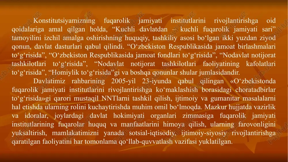 umumiy tahriri ostida. – t.: yangi asr avlodi, 2005. 9. o'zbekistonning yangi tarixi. uchinchi kitob. mustaqil o'zbekiston tarixi. – t.: sharq, 2000. e`tiboringgiz uchun rahmat image1.jpeg image2.jpeg image3.jpeg image4.jpeg image5.jpeg /docprops/thumbnail.jpeg