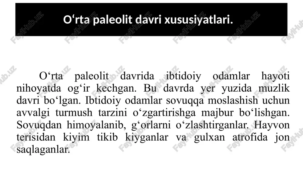 100 km shimoli—sharqda, g‘arbiy tyan—shanning chotqol tizmasidagi paltov soyining yuqori sohilida joylashgan. g‘or yoysimon shaklda bo‘lib, eni 20 metrdan ortiqroq, janubga qaragan, sathi keng, quruq va yorug‘. g‘or–makon 1966–1972 yillarda r.x.sulaymonov tomonidan o‘rganilgan. u mustening rivojlangan va so‘nggi bosqichlariga oid. unda 10 m qalinlikdagi 21 ta madaniy qatlam aniqlangan. ulardan 30 mingdan ortiq ohaktoshli chaqmoqtoshdan yasalgan turli mehnat qurollari– nukleuslar, paraqalar, o‘tkir uchli sixchalar, qirg‘ichlar, pichoqlar va kurrakchalar topilgan. bu yerda odamlar 120—40 ming yil muqaddam istiqomat qilganligi aniqlangan. ular ovchilik va termachilik bilan shug‘ullanganlar. keyingi yillarda obirahmat makonini qayta o‘rganish natijasida u yerdan so‘nggi paleolit davri mehnat qurolarini va 16- qatlamdan 70 ming yil oldin yashagan odam suyaklari (6 ta tish va kalla suyagining bo‘laklari )topildi. mazkur topilma bo‘yicha 2004 yilda halqaro simpozium o‘tkazildi. unda obiraxmat odamida neandertal va xomo sapines (zamonaviy odam) odamidagi xususiyatlar omuxtalashganligi va uning olamshumul ahamiyati qayd etildi. obiraxmat makonidagi mehnat qurollari o‘rta paleolitdan so‘nggi …