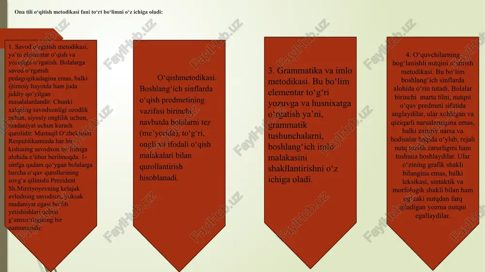 idagi o‘zoro munosabatlarga va o‘quvchilar jamoasidagi munosabatlariga ta’sir qiluvchi psixologik omillarni , o‘quvchilardagi individual-psixologik farqlarni, psixik rivojlanishda orqada qoluvchi bolalar bilan olib boriladigan ta’lim – tarbiya ishlarining o‘ziga xos xususiyatlarini aniqlaydi. bu bilan pedagogik psixologik metodikaga o‘quv materialini tanlashda , boshlang‘ich sinflarda ona tilining mazmuni va hajmini o‘quv materialini aniqlashda hamda ularni sinflar bo‘yicha taqsimlash muayyan izchillikda joylashtirishda yordam beradi. ona tili o‘qitish metodikasi psixolingvistika fani bilan ham uzviy bog‘liqdir. psixolingvistika metodikaga nutq haqida bayon qilish darajasi haqida, fikr bayon qilish turlarini belgilovchi omillar haqida, «nutqni qabul qilish signallari» apparati haqida, individual munosabatga va ommaviy aloqaga nutqiy ta’sirning foydasi haqida ma’lumot beradi. bu ma’lumotlar metodik masalalarni hal qilish uchun, ayniqsa, bog‘lanishli nutqni o‘stirish metodikasi uchun juda muhimdir. boshlang‘ich sinflarda ona tili o‘qitish metodikasi didaktika bilan, ya’ni ta’limning umumiy nazariyasi bilan ham bog‘lanadi. metodika didaktika belgilab bergan qonuniyatlar, qoida va prinsiplarga asoslanadi. didaktikaning prinsiplarga, ya’ni o‘rganiladigan materialning ilmiyligi va muvofiqligi, til …