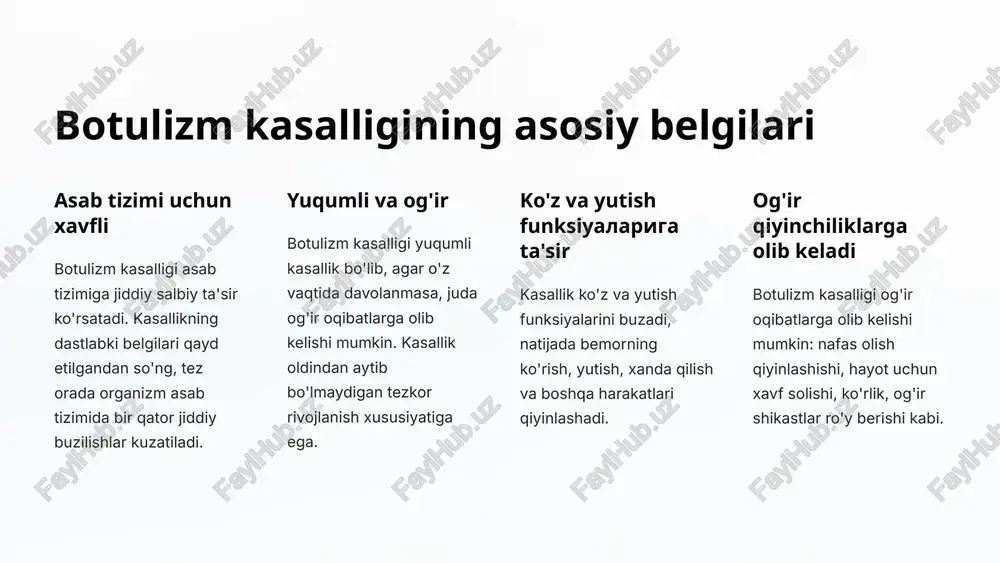 sanitariya talablari ovqat tayyorlash joylarida muntazam ravishda sanitariya qoidalariga amal qilish muhim. bu qo'llarni yuvish, tozalik, zararli hasharotlar va kemiruvchilarni nazorat qilish kabi chora-tadbirlarni o'z ichiga oladi. harorat nazorati ovqatlarni xavfsiz haroratda saqlash va tayyorlash zarur. muzlatilgan va isitilgan mahsulotlarni belgilangan harorat oralig'ida saqlash yoki foydalanish kerak. xavfsiz tayyorlash ovqatlarni tayyorlash jarayonida ularni xavfsiz usulda ishlov berish, jumladan, yuvish, kesish, aralashtirishni to'g'ri amalga oshirish zarur. 14 xulosa ovqattan zaxarlanish, xususan botulizm kasalligi juda xavfli holat. bu kasallik asab tizimiga ta'sir qilib, og'ir asoratlar keltirib chiqarishi mumkin. shuning uchun undagi ogohlikni oshirish, ogohlikka chaqirish, profilaktika va davolash choralari muhim ahamiyatga ega. 15 foydalanilgan adabiyotlar botulizm kasalligi haqida asosiy manbalar to'liq ma'lumot olish uchun quyidagi tashkilotlar tomonidan chop etilgan manbalardan foydalanildi: jahon sog'liqni saqlash tashkiloti, markaziy sanitar-epidemiologik xizmat va oziq-ovqat xavfsizligi bo'yicha qo'mita. ushbu mavzu bo'yicha o'zbekiston xollatari botulizm kasalligi va uni oldini olish yuzasidan respublikamizda olib borilayotgan ishlar, o'tmish va hozirgi …