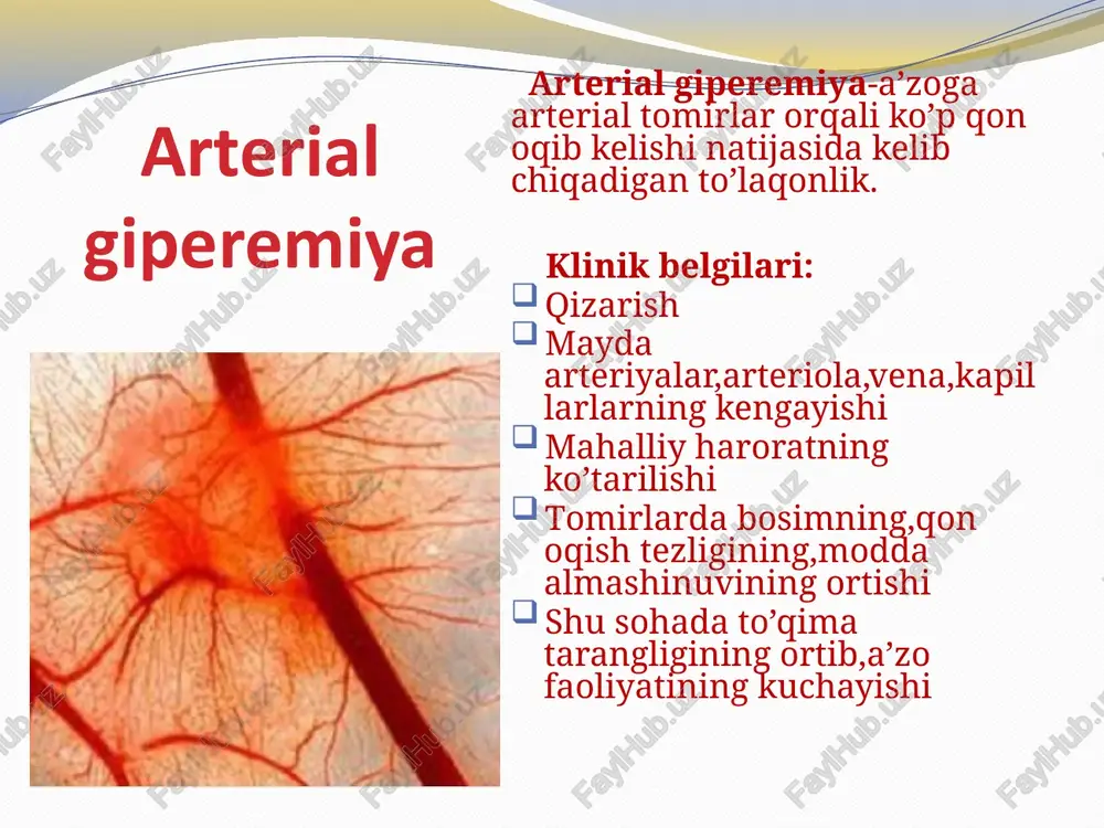 trombotsitlarning tomirlarning shikastlangan intimasi yuzasiga cho’kishi va adgeziyasi, trombotsitlarning bir-biriga yopishib qolishi(agregatsiya) tromboplastinning proteolitik fermentlari ta’sirida protrombindan trombin hosil bo’lishi koagulyatsiya fazasi ( 3 bosqich) oqibati: trombozning oqibatlari har xil bo’lishi mumkin: u biologik moslanish reaksiyasi sifatida qon oqishini to’xtatadi ammo, har xil kasalliklarda (ateroskleroz, endoarterit,diabet) tromb hosil bo’lishi,tromb hosil bo’lgan tomirlarda o’tkir qon aylanishini buzilishi natijasida og’ir oqibatlarga olib kelishi mumkin: ishemiya venoz ko’pqonlik uzilgan trombning emboliya hosil qilishi emboliya emboliya – tomirlarning qon yoki limfa oqimi bilan keladigan jismlar bilan tiqilib qolishidir. emboliya kelib chiqish manbaiga ko’ra ekzogen(havo, gaz, qattiq yot jismlar)embollar endogen(tromb,to’qima’homila atrofidagi suvlar emboliyasi) tomirlarda joylashishiga ko’ra katta qon aylanish doirasi embollari darvoza venasi sistemasi embollari kichik qon aylanish doirasi embollari ekzogen embollar havo emboliyasi-yirik venalar shikastlanganda ya’ni o’pka jarohatlanganda, unda destruktiv jarayonlar rivojlanganda, pnevmotoraks holatlarida paydo bo’ladi gaz emboliyasi-atmosfera havosining yuqoridan normalga tez pasayganda yoki normaldan past bosimga tez o’tishida erigan gazlarning tezda gaz holiga …