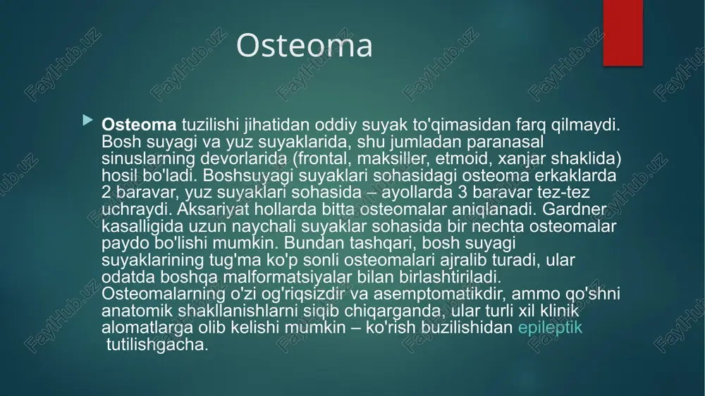 , ba'zi hollarda osteoid osteomaning kichikligi yoki uning lokalizatsiyasi (masalan, vertebra sohasida) tufayli qiyinchiliklar ham bo'lishi mumkin. bunday holatlarda tashxisni aniqlashtirish uchun kompyuter tomografiyasi qo'llaniladi. kortikal plastinka ostidagi rentgenologik tekshiruvda osteoskleroz zonasi bilan o'ralgan kichik dumaloq ma'rifat maydoni aniqlanadi, uning kengligi kasallik o'sib borishi bilan ortadi. dastlabki bosqichda jant va osteomaning markaziy zonasi o'rtasida aniq ko'rinadigan chegara aniqlanadi. keyinchalik, bu chegara o'chiriladi, chunki o'simta kalsifikatsiyaga uchraydi. davolash osteoid osteomani davolash odatda travmatologlar va ortopedlar tomonidan amalga oshiriladi. davolash faqat jarrohlik. amaliyot davomida zararlangan hududni rezektsiya qilish, iloji bo'lsa, uni o'rab turgan osteoskleroz zonasi bilan birga amalga oshiriladi. relapslar juda kam uchraydi. osteofitlar bunday o'sish turli sabablarga ko'ra yuzaga kelishi mumkin va bir qator xususiyatlarga ko'ra (xususan, kelib chiqishi) klassik osteomalardan farq qiladi. biroq, shunga o'xshash tuzilish tufayli – juda farqlangan suyak to'qimasi – ba'zi mualliflar osteofitlarni osteomalar guruhiga kiritadilar. amaliy qiziqish ekzostozlar – suyakning tashqi yuzasidagi osteofitlar. ular yarim shar, …