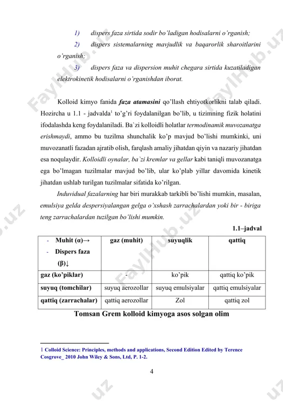 ariy jihatdan boyitdilar. j.b. perren, n.svedberg, b.v. ilin kabi olimlar a.eynshteyn va m.smoluxovskiy nazariyasining tо’g’riligini tajribada tasdiqladilar. d.i. mendeleyev kolloid kimyoni tabiat haqidagi bilimlarning porloq istiqbolga ega bо’lgan yangi tarmog’i deb qaradi. u о’zining «kimyo asoslari» nomli kitobining birinchi nashrida (1871 yil) «kolloid kimyo masalalari fizika va kimyoning barcha sohalari uchun ilg’or va qudratli ahamiyat kasb etishi muqarrar» deb yozgan. kolloid kimyoning taraqqiyotida mashhur olim a.v. dumanskiyni ham xizmati katta. u kolloid eritmalarning qovushqoqligini, elektrо’tkazuvchanligini, optik xossalarini о’rgandi. prof. n.p. peskov kolloid sistemalarning barqarorlik nazariyasini taklif qildi, akademik p.a.rebinder va uning shogirdlari kolloid dispers va dag’al dispers sistemalarda bо’ladigan adsorbsiya hodisalarini, shuningdek, ularning strukturamexanik xossalarini tekshirdilar. kolloid va yuqori molekulali sistemalarni о’rganishda v.n. kargin, b.v. deryagin, i.i. jukov, z.a. rogovin, s.m. lipatov, akademik i.v. petryanovsokolov, i.f. yermolenko, f.d. ovcharenko, k.s. ahmedov, x.u. usmonov, h.r. rahimov, e.o. oripov, s.z. mo’minov va boshqa olimlarning xizmatlari katta. о’zbekistonda kolloid kimyo sohasidagi dastlabki tadqiqotlar …