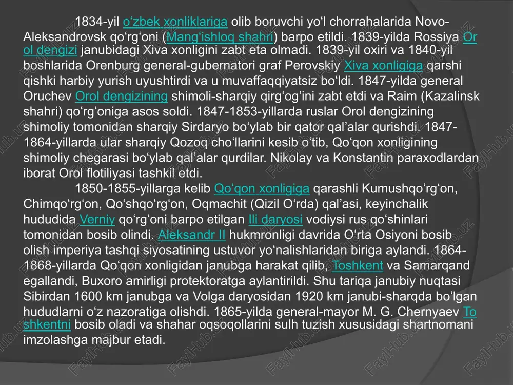 borilgan jamoalashtirish siyosati g`arazli maqsad uchun juda ham qo’l keldi. 1930-yilning boshlaridan yoppasiga jamoalashtirish harakati boshlanib, katta yer egalari, o`rta hol dehqonlar va kambag`allarning yerlari jamoa xo’jaliklariga birlashtirildi, ularning qo`llaridagi ot-ulov, mehnat vositalari, chorva mollari ham majburiy umumlashtirildi. davlat, jamoa xo`jaliklari orqali rejalashtirilgan yo`l bilan mehnatkash dehqonlar oladigan hosilning deyarli barchasini yig`ib oladigan bo`ldi, buning natijasida dehqonlar xo`jaligi xonavayron bo`ldi. ommaviy jamoalashtirishga suyanib, badavlat xo`jaliklar ayrim o`rtahol dehqonlardan 5,5 mingdan ortig’i o`z oilasi bilan uzoq o`lkalarga surgin qilindi. o`z-o`zidan ravshanki jamolashtirish siyosati natijasida qishloq xo`jaligida mehnat unumdorligi pasayib, moddiy manfaatdorlik yo`qoldi, qishloq aholisi qoshshoqlashdi, dehqonni espluatatsiya qilishning birdan-bir takomillashgan usuli kashf etildi. o`zbekistonda paxta yakka hokimligini kuchaytirish yo`li bilan sssr paxta mustaqilligiga erishdi. ikkinchi jahon urushi yillari davrida izdan chiqqan o`zbekistonning iqtisodiyoti urushdan keyingi 1946-1950-yillari g`oyat keskinlashgan xalqaro vaziyatda qayta tiklana boshladi. 16 e’tiboringiz uchun rahmat ! image1.jpeg image2.png image3.png image4.jpeg image5.jpeg image6.jpeg image7.png image8.jpeg image9.jpeg image10.jpeg /docprops/thumbnail.jpeg