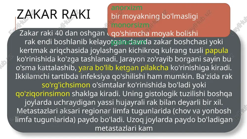'smalari ikki guruhga bo'linadi. birinchi guruhga gistogenetik jihatdan bir tipdagi o'smalar kiradi. bularga seminoma, spermotsit seminoma, embrional rak, sariqlik xaltasi o'smasi, poliembrioma, xorionepitelioma, teratoma (yetuk, yetukmas, malignizatsiyalanadigan teratoma) kiradi. ikkinchi guruhga gistogenezi har xil elementlardan tashkil topgan o'smalar kiradi. teratokarsinoma seminoma spermototsit siminoma xorionepitelioma embrional rak teratoma aralash o’sma sariqlik xaltasi o’smasi moyak o’smalari klinikasi moyaklar o'smasida barvaqt ma'lum beradigan belgilari moyakning og'rimasdan turib kattalashib borishi va zichlashib qolishidir. moyaklar o'smalari odatda barvaqt metastazlar beradi va ularning metastazlari avvaliga limfogen yo'l bilan o'tadi. dastlabki metastazlari umumiy yonbosh arteriyasi bilan aorta bo'ylab joylashgan limfa tugunlarida topiladi. keyinchalik ular o'mrov usti va ko'ks oralig'idagi limfa tugunlarida ham paydo bo'ladi. gematogen metastazlari keyinchalik yuzaga keladi va o'pka, bosh miya, suyaklar hamda boshqa organlarda topiladi. moyaklar o'smalari rivojlanib borishining uch bosqichi tafovut qilinadi: i- moyaklar doirasida o'sma paydo bo'lishi il- retroperitoneal limfa tugunlarida metastazlar topiladi, iii-tugunlardan tashqarida yoki diafragmadan yuqorida bo'ladi. prostatit prostata bezining …