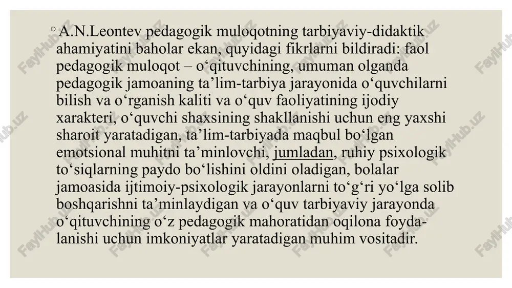 holatlari ham kuzatiladi. pedagogik konflikt–pedagogik jarayonda shahslararo munosabatlarning keskinlashuvi natijasi sifatida yuzaga keluvchi muamoli vaziyatdir. pedagogik konfliktlarning quyidagi shakllari yuzaga keladi: o’quvchi-o’quvchi o’quvchi-o’qituvchi o’qituvchi-o’qituvchi ikkinchi qoida. o’z xatti-harakatlari bilan sherigiga ta’sir ko’rsatish. bunda ishtirokchining yuzini diqqat bilan o’rganib chiqish yordam beradi, fikrni jamlaydi va uning holatini aniqlashga imkon yaratadi. uchinchi qoida. hamsuhbatning xatti-harakatlari motivlarini tushuna olish. aqliy tahlilning ishga solinishi emotsional qizishni pasaytiradi. yaxshisi holatning murakkabligini tushunganligini ifoda etish (men sizning holatingizni tushunib turibman...), o’z holatini tushuntirish (shu meni o’ylantiryapti...) ya’ni hatti-harakatni darrov baholamang, oldin tug’ilgan vaziyatga bo’lgan munosabatingizni bildirishga harakat qiling. to’rtinchi qoida. maqsadni muvofiqlashtirish. ta’lim oluvchi bilan sizni birlashtiruvchi narsani tezroq anglash va uni ko’rsatish. beshinchi qoida. samarali yechim borligiga ishonishingizni namoyish qiling. va nihoyat, konflikt hal qilinganidan so’ng uni tahlil qilib chiqing (sababi va oldini olish yo’llari). nizoli vaziyatga tushib qolib o’qituvchi o’zining faolligini yoki suhbatdoshini yahshiroq tushunishga yoki nizoni bostirish yoki uni oldini olish maqsadida o’z …