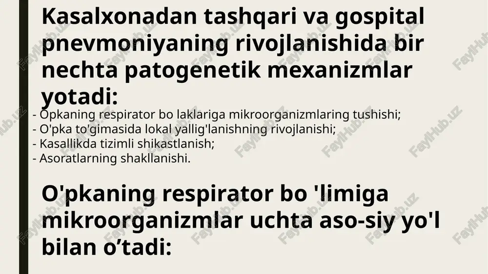 olash. pnevmoniyalarni davolashning asosini monand va o'z vaqtida boshlangan antibiotikoterapiya tashkil qilsa, uni tanlashning muhim mezoni kasallikni chaqirgan etiologik omilni nazarda tutishdan iboratdir. antibiotiklarning samaradorligiga 48-72 soatdan keyin baho beriladi. bunda intoksikatsiya belgilari, tana harorati, leykotsitlar formulasining me'yordaligi, yiring-li balgamning kamayishi, nafas yetishmovchili yo'qligi, auskultatsiya va rentgen o' zgarishlar e'tiborga olinadi. agar bemorda yuqoridagi belgilar saqlanib qolsa, boshqa antibiotiklar buyuriladi. quyida bemorlarni ambulatoriya sharoitida antibiotiklar bilan davolash tamoyillari keltirilgan (11-jadval). etiologik davo - pnevmoniyalarning epidemiologiyasini o'rganish, sinchkovlik bilan anamnez yig'ish va klinik mezonlarini tahlil qilish antibiotiklarni empirik tanlash imkonini yaratadi. dorilarni to g'ri tanlash va qollashda bemorning ilgari qanday bronx-o'pka kasalligi bilan og'riganligi va antibiotik olganligi hamda uning dozasini aniqlash va balg amni bakteriologik tekshirish muhim ahamiyatga ega. kasalxonadan tashgari pnevmoniyaning qo' zg'atuvchilari 80-90% pnevmokokk va mikoplazma bo lib, ularni davolashda, beta-laktam antibiotiklar (oksatsillin, kloksatsillin, dikloksatsillin), se- falosporinlarning i-ii avlodi, aminopenitsilliniar bilan beta-laktam ingibitorlaridan iborat aralash preparat (ko-amoksiklav), makrolidlar (azitromitsin, …