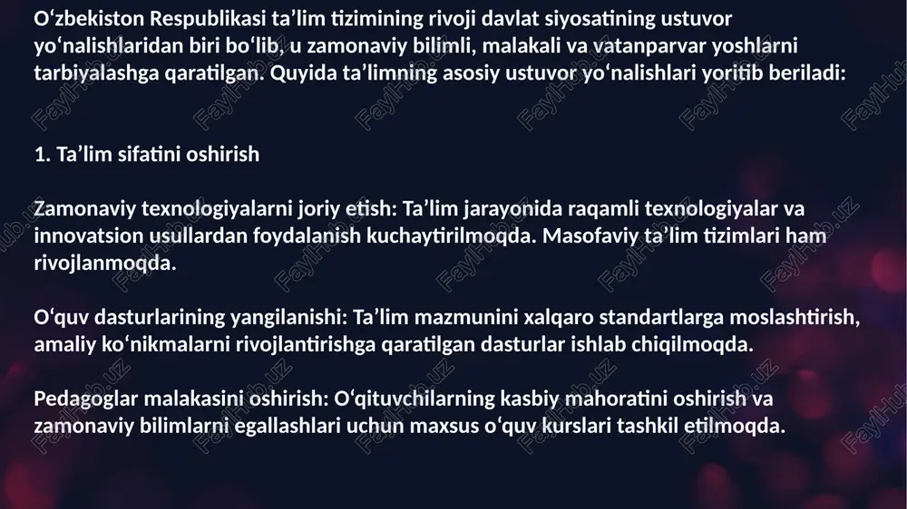 amarali qilish. xulosa : o‘zbekiston respublikasida ta’lim davlat siyosatining eng muhim ustuvor yo‘nalishlaridan biri bo‘lib, mamlakatning barqaror rivojlanishini ta'minlashda asosiy o‘rin tutadi. ta’lim sohasida amalga oshirilayotgan islohotlar uzluksiz ta’lim tizimini shakllantirish, uning sifatini oshirish va zamonaviy innovatsiyalarni joriy etishga qaratilgan. maktabgacha ta’limdan tortib, oliy ta’lim va kadrlar malakasini oshirish tizimigacha bo‘lgan barcha bosqichlar isloh qilinmoqda. xalqaro hamkorlikni kuchaytirish, zamonaviy texnologiyalarni joriy etish va amaliy bilimlarni rivojlantirish orqali ta’lim tizimi jahon standartlariga moslashtirilmoqda. ta’limning jamiyat rivojlanishidagi ahamiyati shundaki, u intellektual salohiyatni oshirish, innovatsiyalarni rivojlantirish, iqtisodiy o‘sishni ta'minlash va jamiyatning ijtimoiy barqarorligini mustahkamlashga xizmat qiladi. shu sababli, ta’lim sohasidagi ustuvor yo‘nalishlarni rivojlantirish nafaqat bugungi kun, balki kelajak avlodlar taraqqiyoti uchun mustahkam poydevor yaratmoqda. o‘zbekistonning bu boradagi sa’y-harakatlari mamlakatni global miqyosda raqobatbardosh davlatlar qatoriga qo‘shishga xizmat qiladi. foydalanilgan adabiyotlar: 1. qonunlar va hujjatlar (masalan, “ta’lim to‘g‘risida”gi qonun, prezident farmonlari). 2. ilmiy maqolalar va tadqiqotlar. 3.internet manbalari va boshqa qo‘shimcha ma’lumotlar. image2.jpeg image1.jpeg