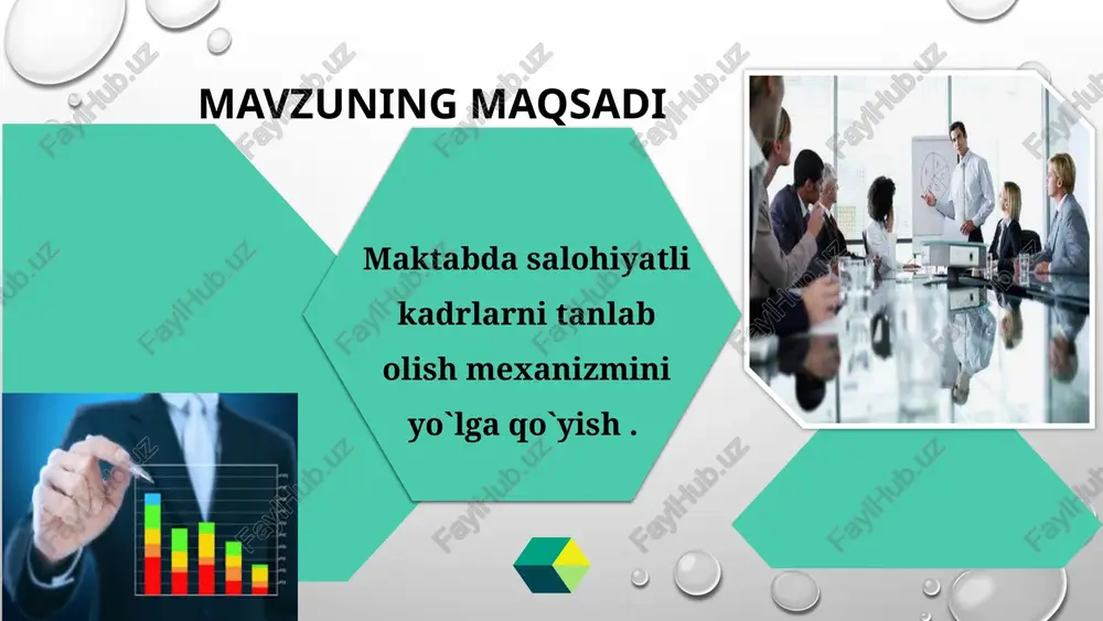 ituvcchilar. informatika fani o‘qituvchilari har chorakda ta’lim muassasasida muhit yaxshilanadi, korrupsion holatlarga chek qo‘yiladi. internet saytlari va ijtimoiy tarmoqlar orqali yoritilgan tanlovlar, nomzodlarda o‘z ustida ko‘proq ishlashlariga sabab bo‘ladi. 2 ta’limga iqtidorli, salohiyatli kadrlar tanlab olish. 1.salohiyatli kadrlarni tanlab olish uchun maxsus komissiya a’zolarini tuzib . o‘qitish ko‘nikmasi va kasbiy mahorat testlaridan o‘tgan nomzodlar, muloqot va amaliy mashg‘ulotlarni tashkillashtirgandan so‘ng, natijalarni komissiya a’zolari, qatnashgan nomzodlarga ochiq va oshkora tahlil qilib berish va maktab direktoriga taqdim etish. maktab direktori, o’rinbosarlar jamoatchilik va kuzatuv kengashi va malakali o`qituvcchilar. avgust oyida nomzodlarni ishga qabul qilish vaqtida. talabgorning malakasi, bilim darajasi, amaliy ko‘nikmalari va ishbilarmonlik fazilatlari aniqlanadi. mavzu yuzasidan chora-tadbir rejasi № muammo amalga oshirish mexanizmi mas’ullar muddati natija 3 maktabdagi mahorat darslariga muntazam yosh xodimlarni jalb qilish,o’rgangan metod va uslublarini o’z darslarida qo’llashlarini maktabdagi mahoratli ustozlar tomonidan nazorat qilish hamda yordam berish tizimini yo’lga qo’yish malakali uzoq yillik tajribaga ega xodimlar guruhini shakllantirish,zaruriy …