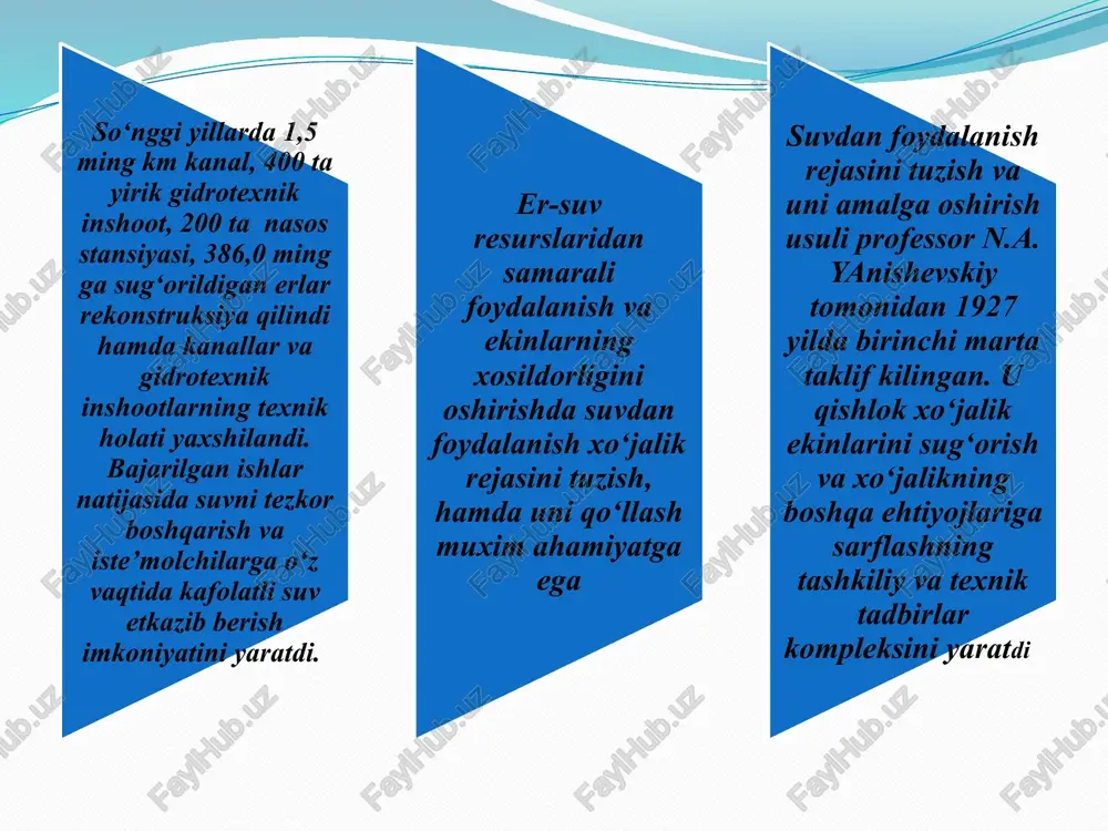 qiladi, qolgan erlarimiz ikki buyuk daryo-sirdaryo va amudaryodan ta’minlanadi. bu ikki azim daryo oralig‘i movarounnahr deb atalib kelgan. bu daryolardan xalqimiz hayot va farovonlik manbai sifatida asrlar davomida foydalanib kelgan 14 hozirga kelib bu ikki daryoning yuqori qismida joylashgan davlat rahbarlari o‘zlariga suv oqimini boshqarish roli o‘tib qolganini his qilgandek bo‘lib, buni hamjamiyatimiz sezib qolganday bo‘layapti. aytaylik, qirg‘iziston hukumatining qambarota-2 gesini qurishni davom ettirayotganligi, tojikiston hukumatining rog‘un gesini har qanday e’tirozlarga qaramay, nazar-pisand qilmay qurilishni davom ettirayotganligi daryolarning quyi qismida joylashgan mamlakatlarga qanchalik a’ziyat etkazishini o‘ylab ko‘rmayaptilar. 15 hozirgi kunda jaxonda 2 mlrd aholi suv etishmovchiligidan azob chekmoqda. 2025 yilga kelib 7,5 mlrd aholi suv etishmasligidan qiyin ahvolga tushushini xamda qishloq xo‘jaligida don va dukkakli ekinlar etishtirish 25 foizga kamayishi tadqiqotchilar tamonidan ta’kidlanmoqda. 16 e’tiboringiz uchun rahmat /docprops/thumbnail.jpeg