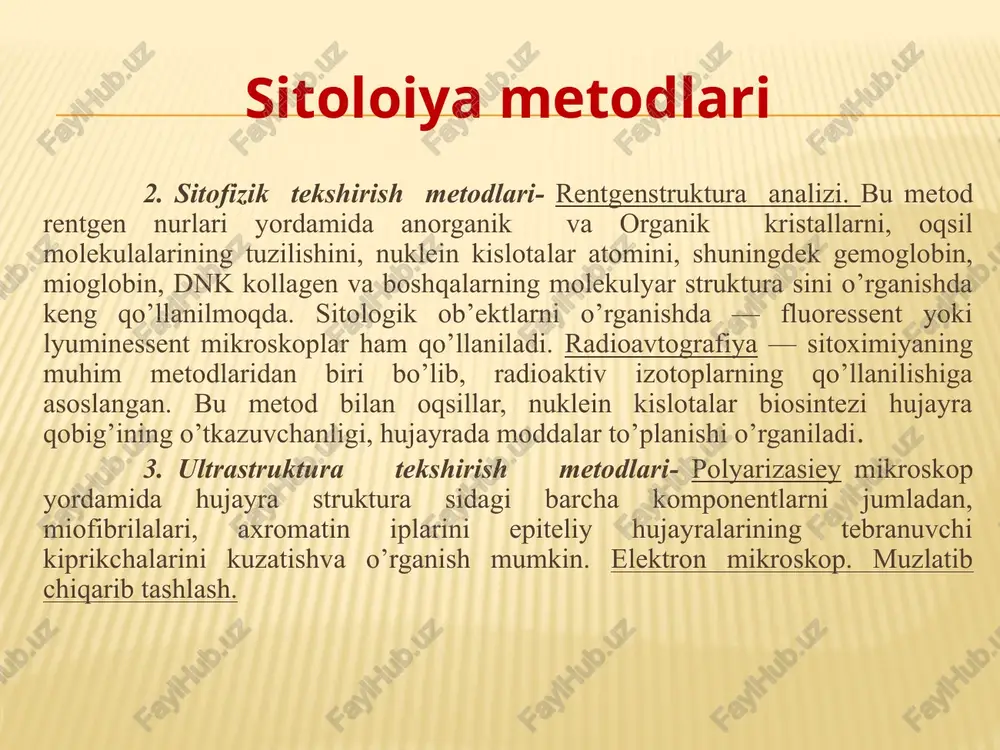 ubixinonlar va tsitoxromlar, hamda, fosforlanish sistemasining qismlari joylashgan. xromotoforlar fotosintezlovchi bakteriyalarning hujayralarida tsitoplazmatik membrana bilan aloqada bo’lgan naychalar, pufakchalar, yassi qo’shaloqlangan to’garak-gardish ko’rinishlaridagi murakkab sistemalar xam hosil bo’ladi. fotosintezlovchi bakteriyalar qorong’ilikda geterotrof oziqlanishga o’tishi bilan xromotoforlar yo’qolib ketadi va yorug’likda yana paydo bo’ladi. sitoplazma va uning qismlari sitoplazma hujayraning membrani balan o’ralgan qismi hisoblanadi. u kolloid xarakterdagi sistemadir. asosiy ximiyaviy tarkibi oqsillar, rnk, dnk, organik va anoganik moddalar va 70-80% miqdor atrofidagi suvdan iborat. sitoplazmaning gomogen xarakterdagi fermen-oqsillar, moddalar almashinuvining mahsulotidir, rnkning suyuq qismi tsitozol de ataladi. tsitoplazmada donador tuzilishli ribosomalar, nukleotid va boshqa qismlari ham bor. ribosomalar ribosomalar hujayrada oqsilni sintezlanishida ishtirok etadigan ribonukleotid zarralardir. ribosomalar juda mayda, ko’ndalang o’lchami 20 nm atrofida keladigan, har biri ikkiti; katta va kichik qismlardan iborat. har bir bakteriya hujayrasidagi ribosomalarni soni 15 ming dona atrofida bo’ladi. o’lchamlarining kichikligi tufayli tsentrifugada ularni cho’ktirib olishda 10 000 1-2 soat mobaynida aylantirilgandagina bakteriya tsitoplazmasidan ajraladi. …