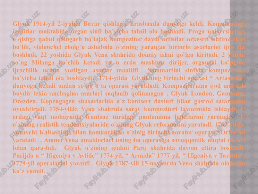 ivertisment holatida kiritilmaydi.u dramatik voqealar rivojiga asoslanadi va opera dramaturgiyasi bilan uyg`unlikda namoyish etiladi. misol tariqasida, “ orfey”ning ikinchi ko`rinishidagi furiyalar raqsi va “ altsesta”dagi admet sog`ayishiga bag`ishlangan balet sahnalarini keltirish mumkin. e’tiboringiz uchun rahmat! image1.jpeg image2.jpeg image3.jpeg image4.jpeg image5.jpeg image6.jpeg /docprops/thumbnail.jpeg