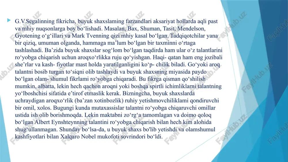 i o‘yin-kulgi va vaqtichogiikni istaydi. hamma bilan til topishaver- magach, o‘zidan kuchsizroq odamlar bilan muloqot qilishga va ularni o‘ziga bo'ysundirishga intiladi. yuqori darajada qo‘zg‘aluvchan bu shaxslami boshqarish qiyin bo‘lib, ulaming xatti-harakatlari atrofda gilar va jamoa obro'si uchun xavfli vaziyatni yuzaga keltirishi mumkin. 5. gipertim shaxs. bu toifaga kiruvchi odamlar yuqori darajada harakatchanligi, so‘zamonligi, mimikalarga boy xatti-harakatlari, dilkashligi bilan ajralib turishadi. ular har qanday odamlar bilan tezda muloqotga kirib keta oladi, ulfatchilikni xush ko‘rishadi, shum va sho‘x bo‘lishadi. suhbat chog‘ida dastlabki mavzudan tezda chetga chiqib ketishi mumkin, buni o‘zi ham sezmay qoladi. 0 ‘z tengdoshlari orasida e’tiborda boiishni, iloji bo‘lsa ularga yoiboshchi bo‘lishni va shovqin-suronli hayotni xush ko‘radi. deyarli doimo yaxshi kayfiyatda bo'lishadi, o‘zlarini yaxshi his qilishadi, yuqori hayotiy quwatga va ishtahaga ega boiishadi, yuzi-ko‘zi kulib turadi, hayotdan quvonib yashashadi. ular o‘ziga yuqori baho berishadi, chaqqon va yengiltak bo'lishadi, quvnoq hayotni yoqtirishadi, ishbuarmonligi bilan ajralib turishadi, yuzaki ishlami zudlik bilan bajarib …