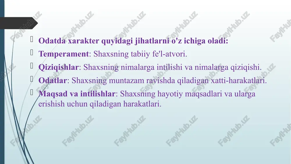 h, qo'zg'atuvchilar va atrofdagi ijtimoiy muhit ta'sirida paydo bo'ladi. bu jarayon vaqt talab qiladi va shaxsning maqsadlari ham bu jarayonda katta ahamiyatga ega. xarakter buzilishlari (yoki xarakterologik buzilishlar) — bu shaxsning xulq-atvorida va munosabatlarida normal chegaralardan sezilarli darajada chetga chiqadigan barqaror psixologik xususiyatlar. bu buzilishlar insonning shaxsiy hayoti va ijtimoiy munosabatlariga salbiy ta'sir ko'rsatishi mumkin. xarakter buzilishlari ko'pincha shaxs buzilishi deb ham ataladi va ular odatda bir necha turga bo'linadi. asosiy xarakter buzilishlari turlari: paranoik shaxs buzilishi: bu turdagi shaxslar juda shubha-gumonga beriladilar, boshqalarning niyatlarini noto‘g‘ri talqin qilishadi, ko‘pincha o‘zlariga qarshi fitna o‘ylab topadilar va doimiy noxushlik tuyg‘usida bo‘ladilar. shizoid shaxs buzilishi: ushbu buzilishga ega insonlar boshqalardan ajralib yashashga moyil bo‘ladi, hissiy jihatdan sovuqqon bo‘ladi va ijtimoiy aloqalardan qochadi. ular ko'pincha ijtimoiy aloqalarga ehtiyoj sezmaydilar va o'zlarini yolg'iz his qilishdan zavqlanishlari mumkin. borderline (chegara holat) shaxs buzilishi: ushbu buzilishda insonlar his-tuyg‘ulari va o‘zini tutishida o‘ta o‘zgaruvchan bo‘lib, o‘zaro munosabatlarida barqarorlik …