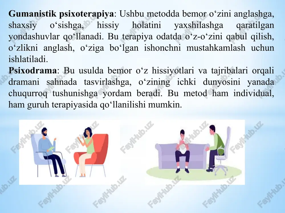 y va ruhiy stresslarni boshqarish bo‘yicha oilaviy psixoterapevtik seanslar tashkil etiladi. bu oilaning farovonligini oshirishga yordam beradi. 4. ginekologik, andrologik va pediatrik yordam ayollar va erkaklar salomatligi: oilaviy poliklinikalarda ginekologik va andrologik ko‘riklar, reproduktiv salomatlikni tekshirish, ularning profilaktikasi va zarur bo‘lganda davolash ishlari olib boriladi. bolalar salomatligi: bolalarni muntazam pediatrik ko‘riklardan o‘tkazish, vaksinalar va o‘sish va rivojlanish bo‘yicha tavsiyalar berish amalga oshiriladi. 5. sog‘lom oilaviy muhit yaratish oila a’zolarining ijtimoiy va ruhiy salomatligini qo‘llab-quvvatlash: oilaning ijtimoiy va psixologik salomatligini saqlash uchun oiladagi barcha a’zolar bir-birini qo‘llab-quvvatlashga o‘rgatilib, ular uchun qo‘llab-quvvatlash guruhlari tashkil etiladi. xulosa oilaviy poliklinikalarda olib boriladigan davolash-profilaktika ishlari oilaning umumiy salomatligini yaxshilash, kasalliklarning oldini olish, ijtimoiy va psixologik holatlarni mustahkamlashga qaratilgan. e’tiboringiz uchun rahmat! image1.jpeg image2.jpeg image3.jpeg image4.jpeg image5.jpeg image6.jpeg image7.jpeg image8.jpeg image9.jpeg /docprops/thumbnail.jpeg