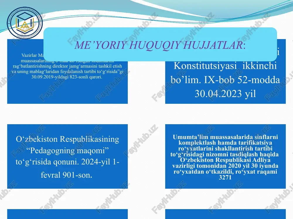 tizimi o‘qituvchilarni o‘zlarini takomillashtirishga va o‘z ishlarida yaxshi natijalarga erishishga undashga yordam beradi. shuningdek, u innovatsiyalarni rivojlantirishga va ta'lim sohasidagi eng yaxshi amaliyotlarga hissa qo‘shishi mumkin, bu esa oxir-oqibat o‘quvchilarning umumiy muvaffaqiyatini oshirishga va maktabda ta'lim sifatini yaxshilashga olib keladi. taklif - aniq baholash mezonlarini ishlab chiqish: o‘qituvchilar ishlashini baholash uchun shaffof va adolatli mezonlarni belgilash. - kasbiy rivojlanishni inkorporatsiya qilish: raqobat rag‘batlarini kasbiy o‘sish va rivojlanish imkoniyatlariga bog‘lash. - qo‘llab-quvvatlovchi madaniyatni rivojlantirish: stressni kamaytirish va ijobiy raqobat ruhitini rag‘batlantirish uchun o‘qituvchilarga hissiy va kasbiy yordam ko‘rsatish. - hamkorlik raqobatini rag‘batlantirish: hamkorlik va jamoaviy yutuqlarni rag‘batlantirish uchun jamoaviy raqobatlarni targ‘ib qilish. - muntazam fikr-mulohaza va tuzatishlar: raqobat doirasining samarali va adolatli bo‘lishini ta’minlash uchun muntazam fikr-mulohaza mexanizmlarini joriy qilish va kerakli tuzatishlar kiritish . chora-tadbirlar t/r muammo muammoning yechimini amalga oshirish mexanizmi mas’ullar muddati natijasi 1 pedagoglar o‘rtasida aniq maqsad va vazifalarning yetishmasligi aniq maqsad va vazifalar belgilash, yillik reja …