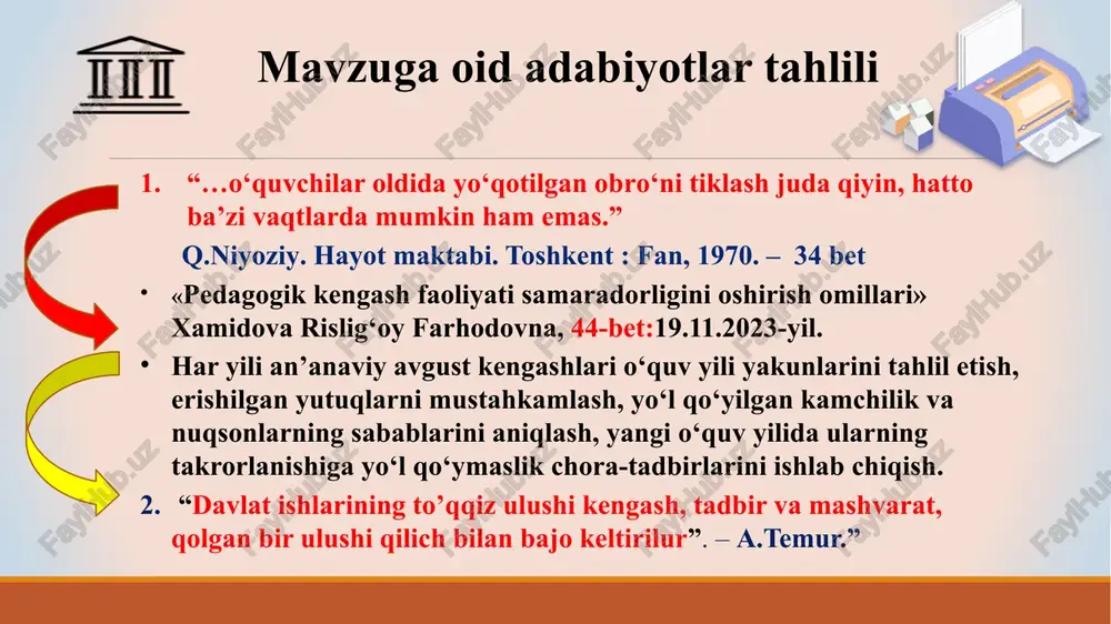 di,pedagoglar va ma’muriy hodimlarni ishga olishda,keyingi jaroyanlardagi faoliyatini nazorat etishda katta vakolatga ega hodimlarni ishga qabul qilish ularni malakasini oshirish,nazorat etish kabi jarayonlarda vakolatli etish lozim xulosa maktabda pedagogik kengash faoliyati samaradorligini oshirish va shaffofligini ta’minlashda, maktabda pedagogik kengash o‘tkazilishidan oldin maktabning ijtimoiy tarmoqlari orqali, pedagogik kengashida ko‘riladigan masalalar, kengash yig 'ilish bo‘lib o‘tadigan joy, ko‘riladigan masallarga oid o‘rganish materiallari hamda qaror loyihalari bilan barchani tanishish imkoniyatini yaratish, jamoada paydo bo‘ladigan qarshiliklar va muammolarni hamkorlikda hal etish, xodimlar bilan ochiq muhokama qilish, xodimlarning kommunikativ qobiliyatlaridan foydalanishlariga imkon yaratish, pedagogik kengash qarorlari orqali ta’limni keyingi bosqichlariga imtiyozlar berish orqali ota-onalar e’tiborini qaratish lozim. 10 takliflar 14.12.2024 11 direktor va rahbarlar ishtirokida maktab hujjatlarini yuritish,boshquruv sirlari kabi mavzularda o‘quv-seminar treninglar otkazish asosida ularning salohiyatini rivojlantirib borish lozim; .adolat.ochiqlik,faol jamoaviy hamkorlik,tamoyillari ustuvor bo‘lishi ,biz bir oilamiz shiori ostida aniq reglamentli,innovatsiyon o‘tkazilishi lozim; pedagogik kengashlarlarga tegishli e’lonlar ,qarorlar,rejalar hamma ko‘riniadigan joyga ilib qo‘yilishi lozim,eng …
