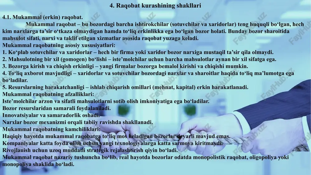 zor faqat bir nechta yirik firmalar tomonidan nazorat qilinadi. 2. mahsulotlar o‘xshash yoki farqlangan bo‘lishi mumkin – ba’zi oligopoliya bozorlari bir xil mahsulotlarni (masalan, po‘lat, neft) taklif qiladi, boshqalari esa farqlangan mahsulotlar (masalan, avtomobillar, smartfonlar) ishlab chiqaradi. 3. bozorga kirish cheklangan – yangi kompaniyalarning bozorga kirishi qiyin, chunki yirik kompaniyalar katta kapital, texnologik ustunlik yoki brend imidjiga ega. 4. narx va marketing strategiyalarini muvofiqlashtirish – kompaniyalar ko‘pincha bir-birining harakatlarini kuzatib boradi va ba’zan yashirin kelishuvlar orqali narxlarni tartibga soladi. 5. reklama va innovatsiyalarning katta roli – kompaniyalar raqobatda ustun bo‘lish uchun katta marketing kampaniyalari va texnologik yangiliklarga sarmoya kiritadi. oligopoliyaning afzalliklari: yirik firmalar innovatsiyaga ko‘p mablag‘ ajratishi mumkin. mahsulot sifati yuqori bo‘lishi mumkin. narx barqarorligi ta’minlanishi mumkin. oligopoliyaning kamchiliklari: narx kelishuvlari tufayli raqobat cheklanishi mumkin. bozorga yangi kiruvchilar uchun to‘siqlar juda yuqori bo‘ladi. kompaniyalar ba’zan iste’molchilar manfaatlarini e’tiborga olmagan holda harakat qiladi. 4. raqobat kurashining shakllari 4.4. monopoliya monopoliya – …
