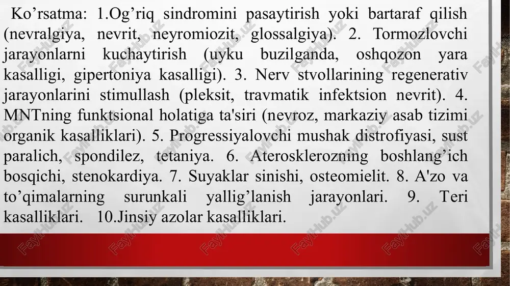 chastotali, yuqori quvvatli (110 knz; 20 kv) kam tok kuchi (0,02 ma)ga ega o‘zgaruvchan impulsli tokdan foydalanish usuli darsonvalizatsiya deb ataladi. bu elektr davolash usuli to‘qimalar ichida qon aylanishini, modda almashinuvini yaxshilaydi, qichishga, og‘riqqa qarshi yaxshi ta’sir etadi. qon ketishda, teri kasalliklarida, tomirlar varikoz kengayishida, gemmaroy va og‘iz bo‘shlig‘i kasalliklarida keng qo‘llaniladi. darsonvalizatsiya - yuqori kuchlanishli va yuqori chastotali oʻzgaruvchan tokni davo maqsadida qoʻllash; shu usulni tavsiya etgan (1891) fransuz olimi d’arsonval nomi bilan atalgan. umumiy (induktoterapiya) va mahalliy darsanval farq qilinadi gaz bilan toʻldirilgan shisha elektrod bemor badanida u yoq-bu yoqqa suriladi, bunda bemor badani bilan elektrod oʻrtasida kichik uchqun razryadlar hosil boʻlib, teridagi nerv oxirlarini qitiqlaydi. ayni vaqtda terida bir oz issiqlik paydo boʻladi, qon tomirlari reflektor yoʻl bilan kengayadi. d. toʻqimalarning oziqlanishini yaxshilab, ogʻriqni qoldiradi. d.da toʻqimalarda maʼlum fizik va kimyoviy oʻzgarishlar roʻy beradi. umumiy d. qon bosimini koʻtaradi, miya tomirlari tonusini barqarorlashtiradi, moddalar almashinuvini yaxshilaydi va …