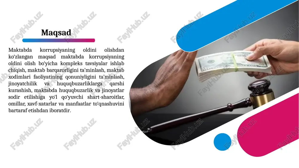 i 2.maktab direktori va sinf rahbarlar 3.maktab direktori 1.2024-yil davomida 2.2024-2025-oʻquv yili davomida 3.2024-yil avgust xodimlarning oʻz ishini halol bajarishi vazifa va majburiyati masʼuliyatini yanada oshiradi va ota-onalar tarafidan har-hil yig‘imlarning, korrupsiyaning oldi olinadi. 2. kadrlarning ishga joylashuvida manfaatlar toʻqnashuvi, tanish-bilishlik va yuqori tashkilotlarning aralashuvining bor ekanligi. 1.vakant oʻrinlarga kadrlarni tanlov asosida elektron shaklda oʻtkazish 2.“korrupsiyasiz soha” korrupsiyaga qarshi kurashish bo‘yicha strategiya ishlab chiqish. 1.maktab direktori 2.maktab direktori 1.yil davomida 2.2024-yil sentyabr kadrlarning ishga joylashuvida holislik va oshkoralikning boʻlishi. bolshoe izobrajenie 14 e’tiboringiz uchun rahmat! 14 image2.png image3.jpeg image4.jpg image5.jpg image6.jpg image7.jpeg image8.png image9.png image10.png image11.jpeg image12.jpeg image13.png image14.jpg image1.png image2.svg image15.jpg .msftofcthm_background1_fill { fill:#ffffff; }