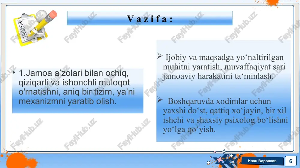 ‘rinbosari xodimlarga mativatsiya bo‘ladi 2 qulay va zamonaviy ish sharoiti bilan ta’minlash maktab moddiy texnik bazasini rivojlantirish yil davomida maktab direktori ta’lim sifati oshadi, pedagoklar o‘z ustida ishlashlariga qulay sharoit yaratiladi ivan voronkov 15 e’tiboringiz uchun rahmat!!! ivan voronkov 14 image1.jpeg image2.png image6.svg image3.png image4.gif image5.emf image6.jpeg oleobject1.bin image7.png image8.png image9.png image10.png image11.png image12.png image13.png image14.png image15.png image20.svg image16.jpeg image17.jpeg image18.png image19.png image20.png image21.jpeg