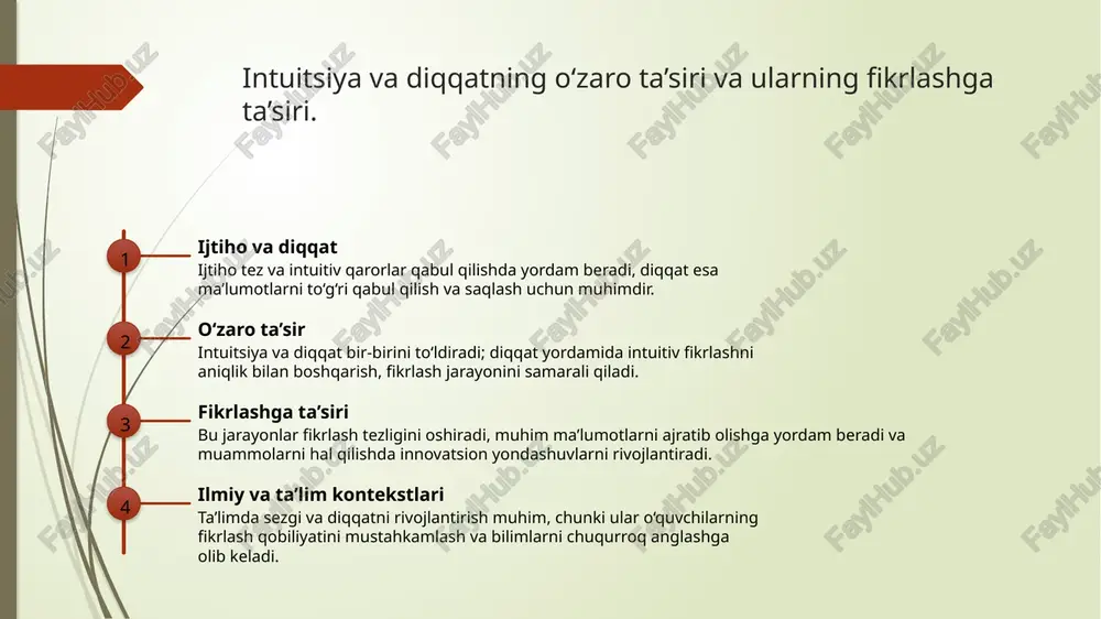 ffaqiyat va ijodkorlikni kuchaytiradi. foydalanilgan adabiyotlar 1. o‘zbekiston respublikasi ta'lim va fan vazirligi. (2018). psixologiya va kognitiv jarayonlar. toshkent: oliy ta'lim nashriyoti. 2. mustafayeva, m. (2020). sezgi va diqqatning rivojlanishi: nazariyalar va amaliyot. toshkent psixologiya jurnali, 15(2), 45-60. 3. karimov, i. (2019). ta'limda sezgi va diqqatni rivojlantirish usullari. o‘zbekiston ta'lim texnologiyalari, 8(3), 112-125. 4. bekjonova, s. (2021). psixologiyada sezgi va diqqatning o‘zaro ta'siri. toshkent psixologiya markazi nashriyoti. 5. qodirova, d. (2017). madaniyat va psixologiya: sezgi va diqqatning madaniy kontekstda o‘rganilishi. madaniyat va psixologiya jurnal, 10(4), 78-85. e'tiboringiz uchun rahmat! image1.png image2.png image3.png image4.png /docprops/thumbnail.jpeg
