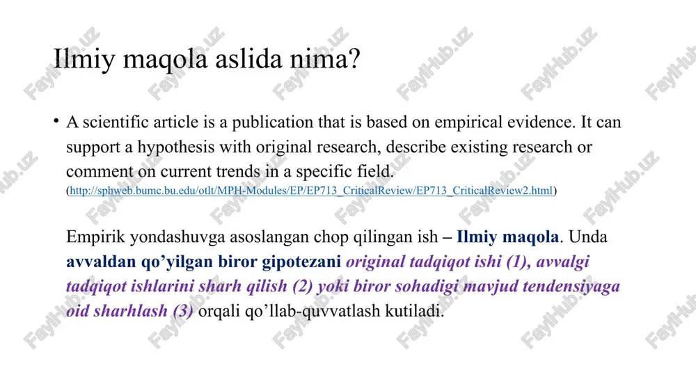 iligiga (2), ishning hamiyatiga (3) maqolaning kirish qismida yuqoridagilarga aniq-tiniq da’vo qilish tavsiya etiladi. bu jihatlar noziklik bilan nazarda tutilishi va ko’rsatib berilishi tavsiya qilinadi, lekin qat’iy da’vo qilinmaydi. xech bir tadqiqotchi o’zining natijasi 100% to’g’ri deb da’vo qila olmasligiga asoslanib ishning da’vosini noziklik bilan aks ettiring. kirish qismi umumiylik bilan boshlanib xususiylik tomon olib boriladi. sweyls tomonidan ilmiy maqolalar kirish qismi uch bosqichda olib borilishi tasvirlangan. 1. ishning areali tushintiriladi (ilmiy ishning sohasi, nima uchun bu sohaning muhimligi, hozirgacha nima ish qilingani) 2. ilmiy ishning boshpanasi/suyanchigi tushintiriladi (qayerda uzilish borligi ko’rsatiladi, savol yuzaga keltiriladi, yoki ushbu arealdagi oldingi ma’lumotlar oqimiga ergashiladi) 3. oldingi abzatsda tushintirilgan boshpana/suyangich endi qamrab olinadi (hozirgi ishning maqsadi eskiz ko’rinishida aks ettiriladi, qisqa ma’nosi bayon qilinadi; ixtiyoriy ravishda natijalarning “qaymog’i” ko’rsatib beriladi). materiallar va metodlar odatda "materiallar va metodlar" deb nomlanadigan metodlar bo'limi natijalar qanday ishlab chiqilganligini tasvirlab beradi. bu bo'lim ma'lumotlari, biror (tor) sohada …