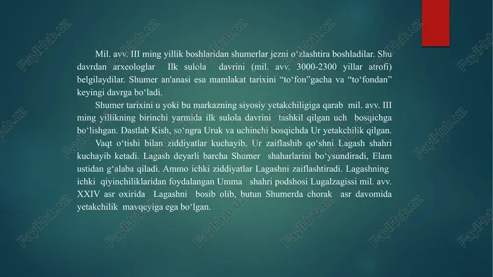 tegishli larsa va issin qonunlari parchalari, lipit-ishtar nomli hukmdorning kirish, xulosaning bir qismi va 40 ga yaqin qonun moddalari bizgacha yetib kelgan. eng katta qonunlar to‘plami 247 moddadan, asosiy qism va xulosadan iborat bo‘lgan hammurapi qonunlaridir. mil. avv. ii ming yillik o‘rtalariga oid osuriya yoki o‘rta osuriya qonunlari, yangi bobil podsholigiga oid 20 ga yaqin qonun moddalari bizgacha yetib kelgan. eng qadimgi diplomatik hujjatlardan ikki loy silindrga bitilgan mil. avv. xxiv asrga oid lagash va umma o‘rtasidagi chegara janjali to‘grisidagi yozuv bizgacha yetib kelgan. mil. avv. xxiii asrga oid akkad va elam davlatlari o‘rtasidagi shartnoma, mil. avv. ii ming yillik boshlariga oid mari podshosining bobil, suriya va finikiya bilan diplomatik yozishmalari matnlari topilgan. mil. avv. ii ming yillikda old osiyo, misr tarixi va xalqaro munosabatlar to‘g‘risida boy ma'lumot beradigan bosh manba misrdan topilgan tell-amarna arxividir. shumer shaharlari akkad, bobil va osuriya davlatlari podsholarining yozuvlari juda katta qimmatga ega. shunday yozuvlardan …
