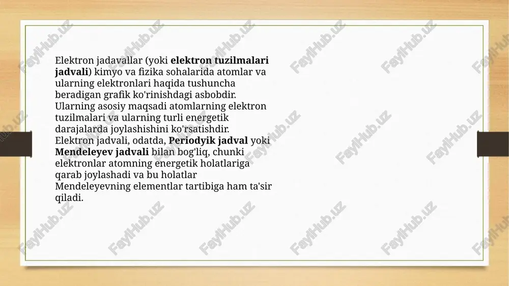 r chiziqlar bilan tasvirlanadi. jadval chegaralari – tutash ko‘k chiziq bilan ko‘rsatilgan, uni tortib jadval kattaliklarini o‘zgartirish mumkin. vid ilovasining qolgan punktlari quyidagilardan iborat: stranichniy rejim, predstavleniya, polnoekoranniy rejim, pokazat ili skrit, masshtab, okno, sakrosi. stroka formul (8-rasm) yoki stroka sostoyaniya tanlang. elektron jadval, yokientlarni ularning atom vaznlariga asoslanib tartiblashtirib, elementlarning xususiyatlarini oldindan bashorat qilgan. bu jadvalni yaratish orqali u kimyoviy elementlarning o'zaro bog'liqligini ko'rsatdi va ilm-fan uchun katta ahamiyatga ega bo'ldi. elektron jadval, yoki davriy tizim, 1869-yilda rus kimyogari dmitriy mendeleyev tomonidan yaratilgan. mendeleyev kimyoviy elementlarni ularning atom vaznlariga asoslanib tartiblashtirib, elementlarning xususiyatlarini oldindan bashorat qilgan. bu jadvalni yaratish orqali u kimyoviy elementlarning o'zaro bog'liqligini ko'rsatdi va ilm-fan uchun katta ahamiyatga ega bo'ldi. image5.png image6.png image7.png image8.png image9.png image10.png image11.png image12.png image13.png image14.png image15.jpeg image3.png image4.png /docprops/thumbnail.jpeg