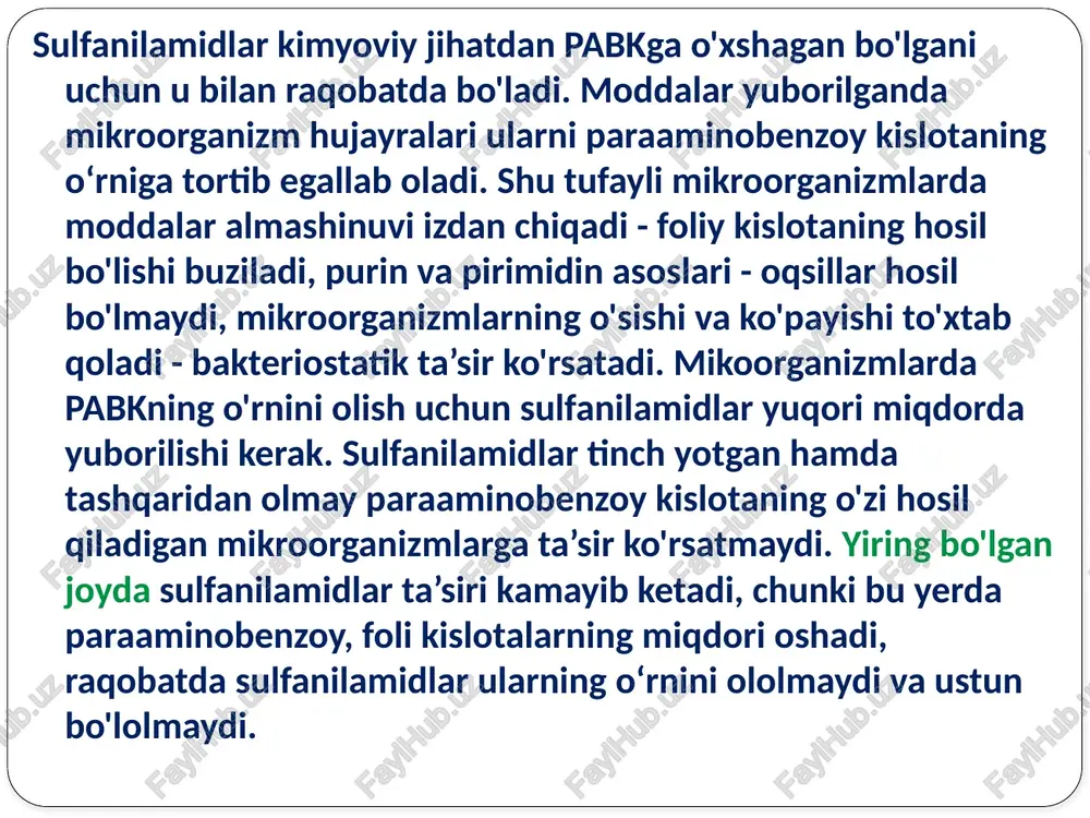 imoya kuchini kamaytirmaydi. furatsilin asosan mahalliy mikroorganizmlarga qarshi yiringli yaralarni, jarohatlarni davolash va oldini olish uchun qo'llanadi, bakterial dizenteriyani davolashda ichishga buyurish mumkin. furazolidonga, grammanfiy, trixomonadalar, lyambliyalar, dizenteriya, qorin tifi, paratifni paydo qiluvchi mikroorganizmlar sezuvchan bo'ladi, ular keltirib chiqaradigan kasalliklarni: dizenteriya, qorin tifi, paratif, salmonelloz, iamblioz, trixomonodozlarni davolash uchun qo'llanadi, og'iz orqali yuboriladi, ichakdan qonga so'riladi va boshqa a’zolarga o'tadi, safro, siydik orqali organizmdan chiqib ketadi, moddalar siydik, safro yo'llari infeksiyasida keng qo'llanadi. furazolidon qinga sharchalar, to'g'ri ichakka shamchalar shaklida ham qo'llanadi; modda dispeptik holatlarga va allergiyaga sabab bo'lishi mumkin. 8-oksixinolin unumlari - nitroksolin (5-nok), intestopan,meksaform, meksaza. moddalar bakteriyalar, zamburug'lar hamda sodda organizmlarga qarshi ta’sir ko'rsatadi. mikroorganizmlarning mikroelementlarini bog'lab, fermentlarning faolligini kamaytiradi, bakteritsid ta’sir ko'rsatadi. oksixinolinlar ikki guruhga bo'linadi: 1. me’da-ichak infeksiyasida qo'llanadigan, qonga yomon so'riladigan moddalar - intestopan, meksaform, meksaza. 2. siydik yo'llari infeksiyasida qo'llanadigan, qonga yaxshi so'riladigan modda - 5-oksixinolin. 5- nok urogenital sistema infeksiyasida - pielonefrit, sistit, …