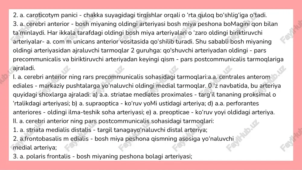 b o ‘tuvchi qisqa tarmoqlar; d) a. thalam i perforans - ko‘ruv bo‘rtig‘ining ichiga yo‘naluvchi arteriya; e) a. collicularis - to‘rt tepalik arteriyasi; ii. a. cerebri posterior ning pars postcommunicalis'sohasidan ajraluvchi tarmoqlar: a) a.a. centrales posterolaterales - markaziy egat orqasidagi lateral arteriyalar; b) a. thalomogeniculata - ko‘ruv bo‘rtig‘i va tizzasimon modda arteriyalari; d) r.r. choroidei posteriores mediates - tomirli chigalni hosil qiluvchi orqa medial shoxlar; e) r.r. choroidei posteriores laterales - tomirli chigalni hosil etuvchi orqa lateral shoxlar; 0 r. pedunculares - miya oyoqchalarining shoxlari. iii. bosh miyaning orqa arteriyasi - a. cerebri posterior ning yakuniy tarmoqlari: 1. a. occipitalis lateralis - bosh miya ensa bomagining lateral arteriyasi. bu arteriyaning shoxlari: a) r.r. temporales anteriores - chakka bomagining oldingi shoxlari; b) r.r. temporales intermedii - chakka bomagining oraliq shoxlari; d) r.r. temporales posteriores - chakka bomagining orqa shoxlari. 2. a. occipitales mediates - ensa bomagining medial arteriyasi. bu arteriyaning shoxlari. …