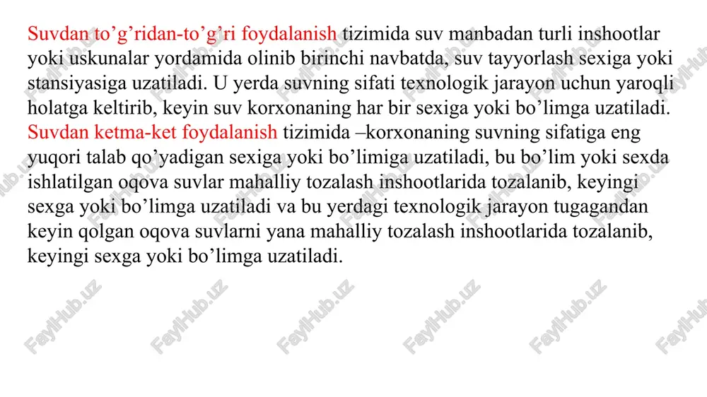 al tuzlar bilan boyitilgan musluk suvi. tozalangan suv: tabiiy minerallarni olib tashlash uchun sterilizatsiya qilingan va filtrlangan. distillangan suv: u bug'lanish bilan tozalanadi, bu uning minerallarini yo'q qiladi. keyin bug'lar suyuq shaklga - suvga qayta tiklanadi. tuzli suv: bu dengiz suvi singari ko'plab erigan tuzlarni o'z ichiga olgan suv. yumshoq suv: ba'zi hollarda distillangan suvni almashtirishi mumkin bo'lgan yomg'ir suvi, chunki buloqlar yoki daryolarning suvlari bilan solishtirganda toza va mineral tuzlar yo'q. buloq suvi: er yuzasida joylashgan er osti suvlari tarkibida erigan mineral va gazsimon moddalar mavjud. buloq suvi asosiy erigan mineral sifatida gidroksidi, oltingugurtli va boshqalar bo'lishi mumkin, natijada uning dorivor xususiyatlari mavjud. image1.jpeg image2.png image3.png image4.jpeg image5.png image6.png /docprops/thumbnail.jpeg