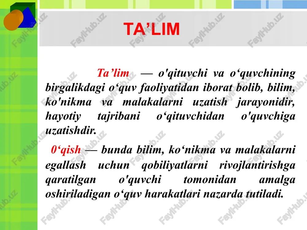 mga aktiv munosabat namoyon bo’ladi. qiziqishlar o’quvchilar hayotida katta rol o’ynaydi. ular o’quv faoliyatini faollashtiruvchi asosiy turtkilar - motivlaridir. o’quvchilarning muayyan maqsadni ko’zlab ish tutishida, qiyinchiliklarni yenga olishida, ishdan chalg`itadigan narsalar bilan shug`ullanishdan o’zini tiya olishida, unda o’qishga ishtiyoq tarkib toptirishda namoyon bo’ladigan iroda ta’lim jarayonida alohida ahamiyat kasb etadi. ta’lim jarayonini boshqarish muammosi ta’lim jarayoni avvalo o’quvchilar diqqatini yo’lga solishni talab etadi. darslarda ko’rgazmali qurollardan, texnik va exm vositalaridan foydalanish ta’lim oluvchida ixtiyorsiz diqqatni yuzaga keltiradi. ta’lim jarayonida ta’lim beruvchining vazifasi darsda ishlash xolatini yuzaga keltirishgina emas, balki o’quvchilarning darsda o’tiladigan materialini idrok etishga tayyor turishlarini ko’zatish hamdir. ta’lim jarayonining samaradorligi ko’p jihatdan o’qituvchi tomonidan beriladigan ko’rsatmalarga ham bog`liq. o’qituvchining roli shundan iboratki, u o’quvchilarga tegishli ustanovkani hosil qilishi, nimani vaqtincha, nimani umrbod esda olib qolishi keraqligini, nimani butunlay esda olib qolmasdan, faqat tushunib olish kifoya qilishini, nimani so’zma-so’z esda olib qolishni, nimaning ma’nosini o’z so’zlari bilan aytib berish …