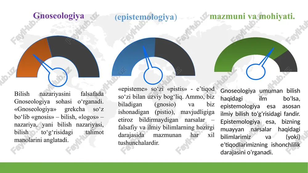 h jarayonidir. ilmiy bilish, odatda ilmiy tadqiqotlar va ilmiy izlanishlar olib borish asosida amalga oshadi. oddiy bilishdan murakkab ilmiy bilishlarga tomon borishidan iboratdir. bilish darajalari: hissiy mantiqiy empirik intuitiv bilish darajalari, ularning o‘ziga xosligi va aloqadorligi. nazariy haqiqat bilishning bosh maqsadi. insonning borliqni bilishidan asosiy maqsadlaridan biri - bu haqiqatni bilishdir. bu asosan inson bilimlari bilan obektiv borliqdagi narsa va hodisalar o‘rtasidagi munosabat masalasini o‘z ichiga oladi. haqiqat - bu borliqdagi narsa va hodisalarning o‘zi emas, balki ular haqidagi inson bilimlarining o‘sha narsa va hodisalarga mos kelishidir. haqiqat haqiqat, bu – bizning dunyo to‘g‘risidagi bilimlarimiz va tasavvurlarimizning dunyoning o‘ziga, obektiv reallikka muvofiq kelishidir. haqiqatni nohaqiqatdan, yanglishuvdan, yolg‘ondan farqlashtirish, ajratish uchun bizning bilimimiz obektiv voqelikka, uning yashash va rivojlanish qonunlariga qanchalik mos kelishini aniqlab olmoq kerak. haqiqat konkret yoki mavhum, mushohadaviy va fikriy xulosalar, tushuncha va tasavvurlarning obektga mosligidir. obektiv haqiqat – bu bilimlarimizning shunday mazmuniki, u bir kishiga ham, butun …