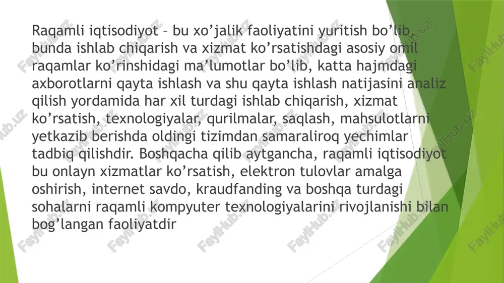 shimiz kerak, bunda atelabga bank yoki moliya muassasalariga borishga hojat yo’q, biz pulni mobil bank orqali o’tkazishimiz mumkin. shu kabi ko’plab xizmat turlarini onlayn, smartfon yoki kompyuter orqali amalga oshirishimiz mumkin. albatta, axborot-kommunikatsiya texnologiyalarining rivojlanishi, zamonaviy texnologiyalarning hayotimizga tadbiq etilishi har bir inson hayotida ko’plab ijobiy imkoniyatlar berishi mumkin. raqamli texnologiyalar rivojlanishi ortidan inson, unga kerakli xizmatdan tezroq foydalanishi, internet orqali o’ziga kerakli mahsulotlarni arzon sotib olish bilan ko’plab pul mablag’larini tejashi mumkin. masalan biron bir kitobning elektron ko’rinishda sotib olish sizga, shu kitobni chop etilgan ko’rinishini sotib olish ancha arzonga tushishi mumkin. yoki bo’lmasa oddiy iste’molchi o’zi ham tadbirkor bo’lishi, uyidan chiqmagan holda onlayn savdo-sotiq bilan shug’ullanishi mumkin. raqamli iqtisodiyotning afzalliklari raqamli iqtisodiyotning rivojlanishini boshqa afzalliklari quyidagicha bo’lishi mumkin: ishlab chiqarishda mehnat samadorligini oshishi; kompaniyalarning raqobatbardoshligini o’sishi; ishlab chiqarishdagi harajatlarning kamayishi; yangi ish o’rinlari yaratilinishi; yangi zamonaviy kasblar paydo bo’lishi; kambag’allikni yengish va ijtimoiy tengisizlikni yuqolishi. dunyo mamlakatlari kabi …