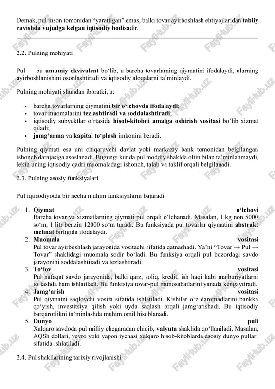 m ishlatiladi. bu funktsiya tovar-pul munosabatlarini yanada kengaytiradi. 4. jamg‘arish vositasi pul qiymatni saqlovchi vosita sifatida ishlatiladi. kishilar o‘z daromadlarini bankka qo‘yish, investitsiya qilish yoki uyda saqlash orqali jamg‘arishadi. bu iqtisodiy barqarorlikni ta’minlashda muhim omil hisoblanadi. 5. dunyo puli xalqaro savdoda pul milliy chegaradan chiqib, valyuta shaklida qo‘llaniladi. masalan, aqsh dollari, yevro yoki yapon iyenasi xalqaro hisob-kitoblarda asosiy dunyo pullari sifatida ishlatiladi. 2.4. pul shakllarining tarixiy rivojlanishi pul shakllari insoniyat tarixida quyidagi bosqichlarni bosib o‘tgan: 1. tovar puli – qadimda tovarlar (masalan, tuz, teri, chorva) pul o‘rnida ishlatilgan. 2. metall puli – oltin, kumush, bronza kabi metallar umumiy ekvivalent vazifasini bajargan. 3. tanga puli – davlatlar o’z ramzlari tushirilgan tangalarni zarb etishni yo‘lga qo‘ygan. 4. qog‘oz puli – muomalani yengillashtirish maqsadida qimmatbaho metall o‘rniga muomalaga kiritilgan. 5. kredit puli – banknotlar, cheklar, kartochkalar ko‘rinishida paydo bo‘lgan. 6. elektron va raqamli pul – zamonaviy iqtisodiyotda internet orqali to‘lovlarni amalga oshirish imkonini …