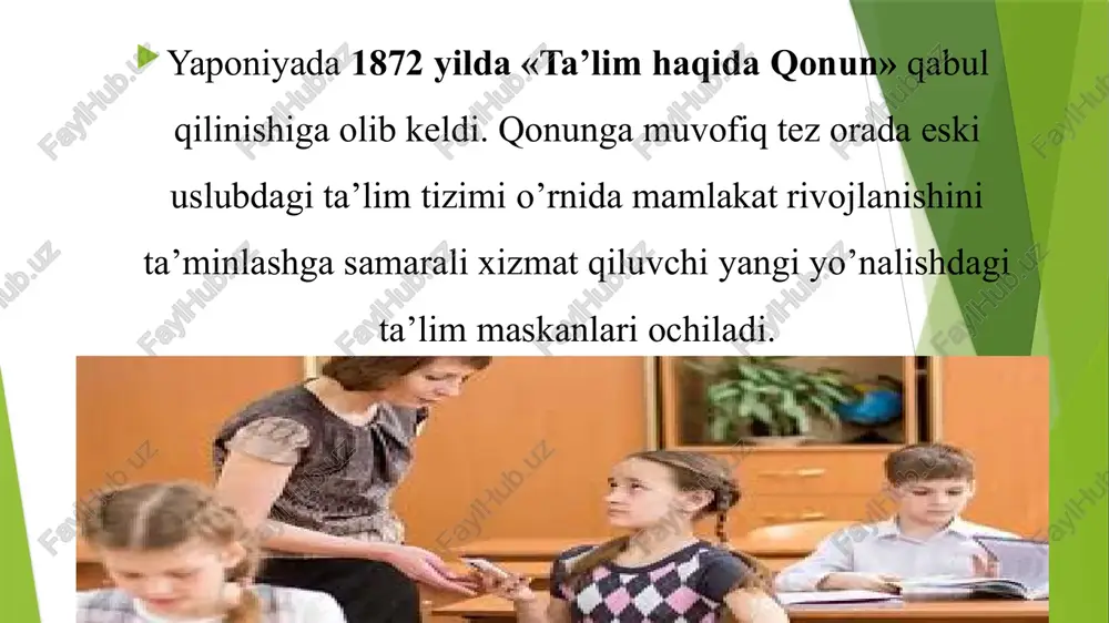 buna bo’lishadi. bola maktabga borgunga qadar o’qishni, yozishni, oddiy hisoblash ko’nikmalarini egallashi zarur. yaponiya oilalaridagi uy partalari diqqatga sazovordir koreya respublikasi ta’lim tizimi. koreyaning zamonaviy ta’lim tizimi rasman yaponiya mustamlakasidan ozod bo’lgan 1945 – yildan boshlangan. ammo kengroq qaraydigan bo’lsak koreyslarda ta’lim tizimi 1894 yilgi islohotlardan keyin yuzaga kelgan deyish mumkin. 1881 yili koreyadagi choson hukumati mamlakat xavfsizligini kuchaytirish maqsadida maxsus armiya tuzadi va g’arbliklar harbiy san’atdan dars bera boshlaydilar. bu o’z navbatida chet tili va boshqa fanlar ta’limini yuzaga kelishini ta’minladi. garchi 1882 – yili maxsus qo’shin uchun darslar to’xtab qolgan bo’lsa – da, bir qancha amaliy fanlar darsi davom etaverdi. bu davrda asta – sekinlik bilan gvangxevon, bejexakdan, ixvaxakdan kabi shaxsiy ta’lim muassasalari ham vujudga kela boshladi va keyinchalik universitetlar uchun asos bo’lib xizmat qildi 1910 – yili koreya va yaponiya o’rtasida tuzilgan shartnomaga muvofiq koreya yaponiyaning rasman mustamlakasiga aylantirildi. natijada bu mamlakat ta’lim tizimiga ham katta ta’sir …