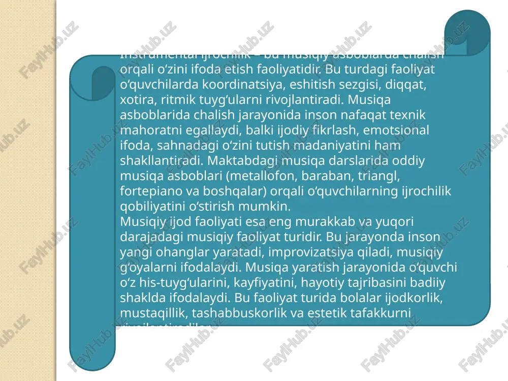 lanadi. bu jarayon ularni nafaqat musiqiy jihatdan, balki ruhiy va axloqiy tomondan ham kamol toptiradi. musiqa insonda mehr, ezgulik, go‘zallik va totuvlik tuyg‘ularini uyg‘otadi. shu sababli, musiqiy faoliyatni shunchaki dars yoki mashg‘ulot sifatida emas, balki shaxsni tarbiyalashning muhim vositasi sifatida ko‘rish lozim. xulosa xulosa qilib aytganda, musiqiy faoliyat turlari — bu insonning musiqaga bo‘lgan ehtiyojini, estetik hissiyotlarini va ijodkorlik salohiyatini ifoda etuvchi ko‘p qirrali jarayonlardir. qo‘shiq kuylash, tinglash, chalish, tahlil qilish va ijod qilish orqali inson musiqiy madaniyatga ega bo‘ladi, ma’naviy jihatdan o‘sadi, estetik zavq oladi. musiqa ta’limida ushbu faoliyat turlarini uyg‘unlashtirib olib borish, zamonaviy texnologiyalarni qo‘llash va milliy qadriyatlarni singdirish orqali musiqiy tarbiya jarayonining samaradorligini oshirish mumkin. musiqa insonni nafaqat san’atga, balki hayotga muhabbat ruhida tarbiyalaydi, unga ruhiy yengillik, go‘zallikni his etish, mehr va bag‘rikenglikni anglash imkonini beradi. e’tiboringiz uchun rahmat image2.jpeg image3.jpeg image4.jpeg image5.jpeg image6.jpeg image7.jpeg image8.jpeg image9.jpeg image10.jpeg image11.jpeg image12.jpeg image13.jpeg image14.jpeg image15.jpeg /docprops/thumbnail.jpeg