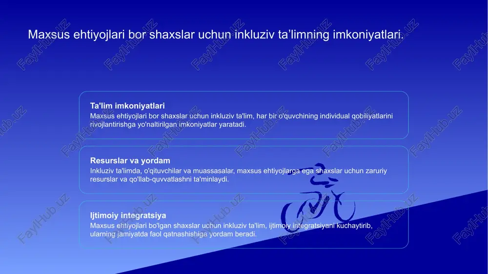 luziv taʼlimni rivojlantirish uchun taʼlim siyosatini kuchaytirish zarur. bunda, maxsus ehtiyojli shaxslar uchun qoʻllab-quvvatlovchi normativ hujjatlar ishlab chiqish muhimdir. oʻqituvchilar tayyorlash oʻqituvchilarni inkluziv taʼlim tamoyillari boʻyicha tayyorlash, ularning malakasini oshirish va metodologiyalarni qoʻllashda yordam berish zarurdir. jamiyatda xabardorlik jamiyatda inkluziv taʼlim haqida xabardorlikni oshirish, tadbirlar oʻtkazish va maxsus ehtiyojli shaxslarni qabul qilish madaniyatini rivojlantirish muhim ahamiyatga ega. inkluziv taʼlimning samaradorligi: taʼlim jarayonida oʼzgarishlar. inkluziv taʼlim jarayonida oʼzgarishlar taʼlim muhitini yaxshilashga yordam beradi. bu yondashuv orqali barcha o'quvchilar, jumladan, maxsus ehtiyojlari bo'lganlar, taʼlimga teng huquq bilan jalb etiladi. asosiy o'zgarishlar: • o'qituvchilarning malakasini oshirish; • ta'lim resurslarining moslashtirilishi; • o'quv dasturlarining individualizatsiyasi. photo by courtney wentz on unsplash maxsus ehtiyojlar uchun inkluziv taʼlimning ijtimoiy taʼsiri. 1 ijtimoiy integratsiya inkluziv taʼlim, maxsus ehtiyojlari bor shaxslarni jamiyatga faol jalb etish orqali ijtimoiy integratsiyani taʼminlaydi, ularning oʼzaro aloqalarini kuchaytiradi. 2 tenglik va imkoniyat inkluziv taʼlim, barcha oʼquvchilarga bir xil taʼlim imkoniyatlarini taqdim etish orqali …