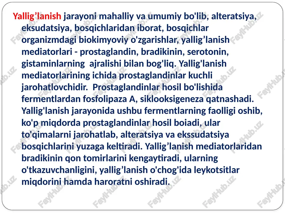 a, parazit, zamburug') qarshi immun jarayonlarining, vaksinatsiyaning ta’sirini oshiradi, biostimullovchi, gemostimullovchi xususiyatlarga ega. modda bolalar va kattalarda immunodefitsitlarni, virusli gepatit, kollagenoz, yiringli-septik holatlarni, pnevmoniya, osteomielit va boshqa kasalliklarni davolashda qo’llanadi, zaharsiz, noxush asoratlar keltirmaydi. immunostimulyatorlar sifatida pirimidin unumlaridan pentoksil,metiluratsil qo'llanadi, moddalar nuklein kislotalar va oqsillar makrofaglarini faolligini, lizotsim, interferon hosil bo'lishini, yangi to'qimalar paydo bo'lishini, yaralarning bitishini tezlashtiradi. pirimidin unumlari tez-tez kasal bo'lib turadigan, infeksiyaga nisbatan chidamligi pasayib ketgan bolalami davolashda keng qo'llanadi. immun kuchlarini oshirish uchun nukleinat natriy ham qo'llanadi, modda regeneratsiya jarayonlarini, gemopoez, t- va b - limfotsitlarning migratsiyasini, makrofaglar, fagotsitlar faoliyatini oshiradi. immunodepressantlar organizmni himoya kuchlarining oshishi ba’zi holatlarda salbiy ta’sir ko'rsatadi, masalan, ko'chirib o'tkazilgan to‘qimalar, a’zolarning ko‘chishi, antitelolar, autoimmun jarayonlar hosil boiishi mumkin. shu holatlarda immunitetni pasaytiradigan immunodepressantlar qo’llanadi. glyukokortikoidlar, azatioprin va boshqa sitostatik moddalar immunodepressiv xususiyatga ega. glyukokortikoidlar limfotsitlar, t - limfotsitlarning proliferatsiya bosqichini pasaytiradi, antigenni aniqlash, tanish qobiliyatim kamaytiradi. glyukokortikoidlar lizosoma membranalarini mustahkamlaydi, qondagi …