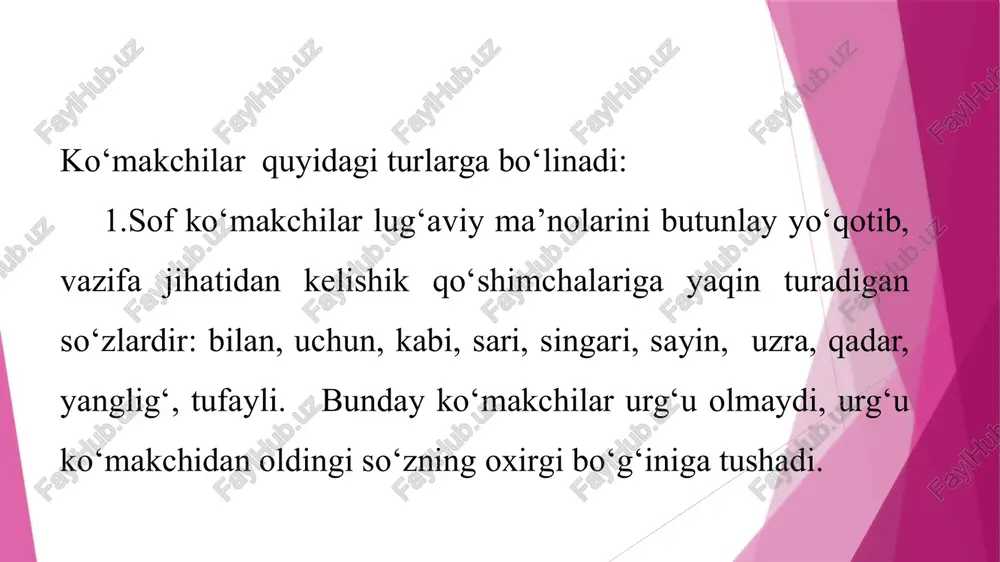 n tashqari modal ma’noni ham bildiradi, bunda u noaniqlikni ifodalaydi: uyidami, ko‘chadami, uning uchun farqi yo‘q edi. –chi so‘roqdan tashqari buyruq, do‘q, iltimos, qistash, ta’kid, uqtirish ma’nolarini ham bildiradi: qani, yur-chi! kitobingni berib tur-chi.-a, -yayuklamalari ham so‘roq va taajjubdan tashqari his-hayajonni, tasdiq va ishonchni ham bildiradi: qanday chiroyli-ya! go‘sht olibdi - jiqqa yog‘-a. 2.kuchaytiruv-ta’kid yuklamalari: nahotki, axir, hatto(ki), -ku, -da, -u(-yu), -oq(-yoq), -ki(-kim), yuklamalari kuchaytirish va ta’kid ma’nolarini anglatsa, tim(qora), liq(to‘la), lim(to‘la), g‘irt(yolg‘on), qir-(shir-, qip-yalang‘och), g‘arq(pishgan), jiqqa(ho‘l) yuklamalari nutqqa tasviriylik berib, so‘z ma’nosini kuchaytirish uchun xizmat qiladi. 3.ayiruv yuklamalari: faqat, ham, -gina (-kina, -qina), xolos. ham yuklamasi ba’zan bog‘lovchi o‘rnida ham qo‘llanadi: uni birinchi kursga qabul qilishdi ham stipendiya tayin qilishdi. bu so‘z takrorlanib kelganda, fonetik o‘zgarishga uchrashi mumkin: u yurtiniyam, xalqiniyam boqdi(o.). faqat, -gina yuklamalari o‘rnida yolg‘iz so‘zi qo‘llana oladi. bu yolg‘iz nom xolos. 4.o‘xshatish-qiyoslash yuklamalari: xuddi, naq, go‘yo(ki), misoli, bamisli: xuddi o‘zimga o‘xshaydi. 5.gumon yuklamasi - - dir: …