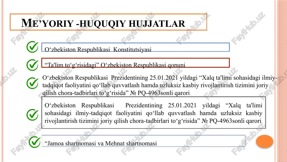 dorlik ta’minlanadi, o‘quvchilarning o‘zlashtirish ko‘rsatkichlari yaxshilanadi ish unumdorligi uchun tegishli mukofot boʻlishini ta'minlash maktab rahbariyati yil davomida yangicha malaka oshirish va turli xil seminar, terninglar tashkil etish o’tibdo’, maktab psigologi bir oyda bir marotaba t/r muammo muammoning amalga oshirish mexanizmi mas’ullar muddati kutilayotgan natija 3 jamoada salbiy munosabatlarning ortishi tenglikni ta’minlovchi boshqaruv uslublarini qoʻllash maktab rahbariyati doimiy insoniylik va tenglik ta’minlanadi. o’zining va ishning muhimligini tushunadi. jamoa rahbar atrofida birlashadi xodimlarni maktabning oliy maqsadini belgilash va qarorlar qabul qilish jarayonlariga jalb qilish maktab direktori pedagogik kengash yig’ilishlarida xodimlarga murabbiy boʻlib, ularning qobiliyatlarini rivojlantirishga yordam berish orqali rahbar atrofiga jipislashtirish maktab direktori yil davomida t/r muammo muammoning amalga oshirish mexanizmi mas’ullar muddati kutilayotgan natija 4 ota onalarda pedagoglarga va maktabga nisbatan ishonchsizlik kayfiyatining ortishi ota-onalar bilan hamkorlik ishlarini yaxshilash maktab raxbariyati, sinf rahbarlar yil davomida oila, mahalla, maktab hamkorligi yo’lga qo’yiladi. maktabga nisbatan ota-onalarda ishonch paydo bo’ladi. pedagoglarning kasbiy mahorati namoyon …