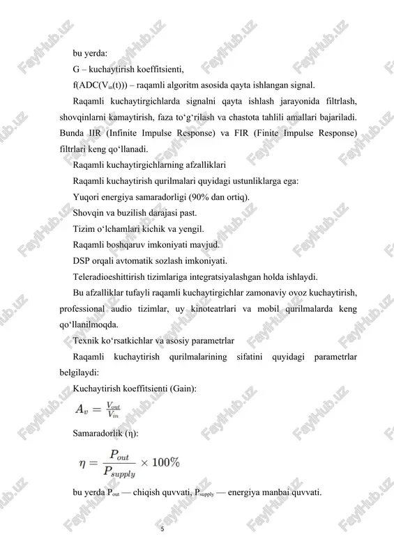 larining nazariy asoslari — elektronika, raqamli signalni qayta ishlash va avtomatik boshqaruv tamoyillarining uyg‘unlashuvidan iborat. ular energiya samaradorligi, signal sifati va ishonchliligi jihatidan analog tizimlarga nisbatan ustun hisoblanadi. shu bois, ushbu soha kelajakda ham teleradioeshittirish va multimedia texnologiyalarining ajralmas qismi bo‘lib qoladi. 2. zamonaviy raqamli kuchaytirish qurilmalarining tuzilishi va ishlash prinsipi zamonaviy raqamli kuchaytirish qurilmalari (digital amplifiers) — bu kirish signalini raqamli shaklda qayta ishlaydigan, quvvat sarfini minimallashtirgan va chiqish signalini yuqori sifatda ta’minlaydigan elektron tizimlardir. ularning asosiy mohiyati — analog signalni raqamli kodga aylantirish, bu signalni raqamli algoritmlar asosida qayta ishlash va so‘ng uni qayta analog shaklga keltirib chiqishdir. bunday tizimlarda ishlov jarayoni qat’iy matematik modellar asosida amalga oshiriladi. raqamli kuchaytirgichlarning ishlash prinsipi “raqamli nazorat” va “energiya samaradorlik” tamoyillariga asoslanadi. ularning tuzilishi, ishlash bosqichlari, boshqaruv mexanizmlari va shovqinni kamaytirish tizimlari hozirgi elektron sanoatning eng ilg‘or yutuqlaridan biridir. raqamli kuchaytirgichlarning asosiy bloklari: kirish, signalni qayta ishlash va chiqish bosqichlari har …